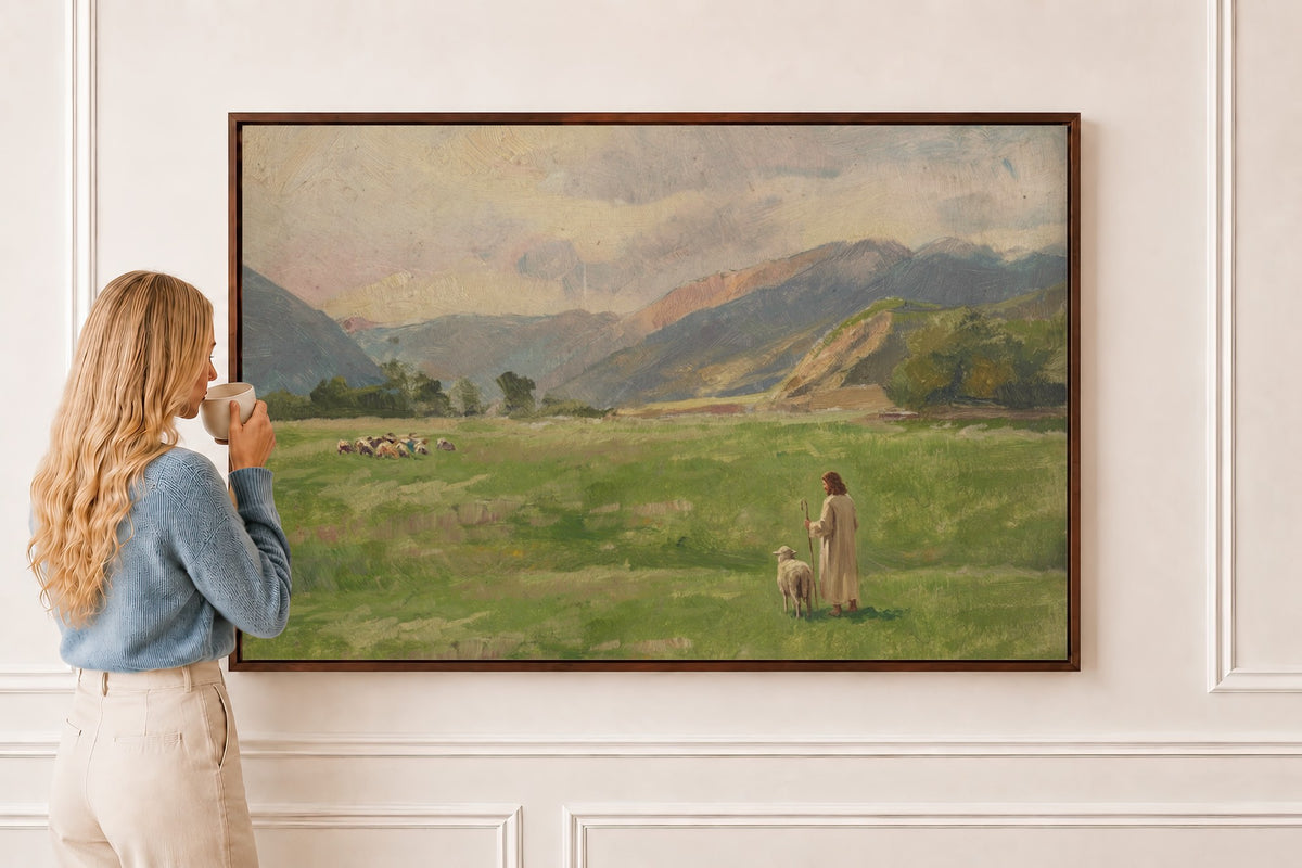 Lost Sheep, Mountain Meadow — Luke 15 in a brown frame