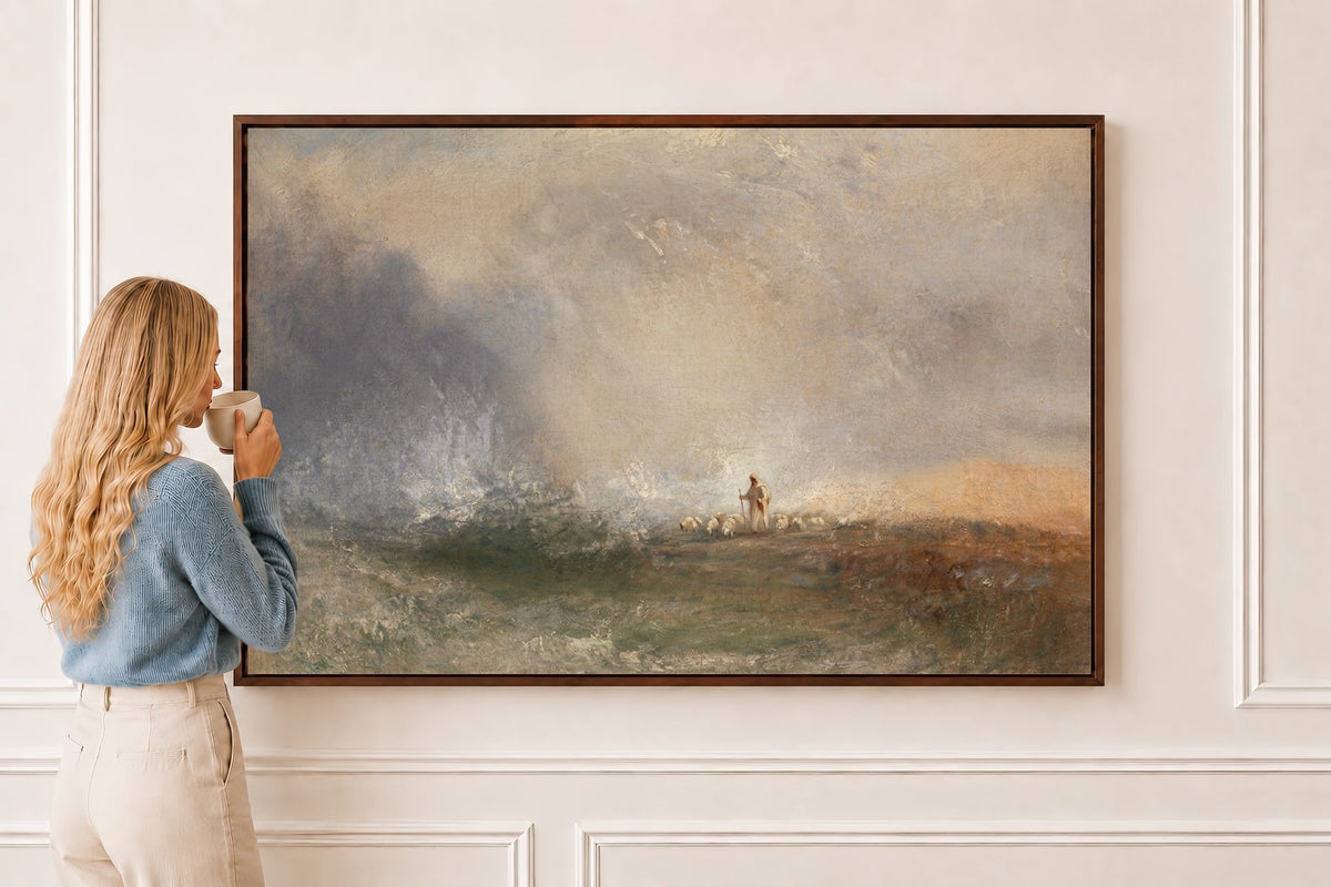 Good Shepherd, Impressionist Seascape — Psalm 23 in a brown frame