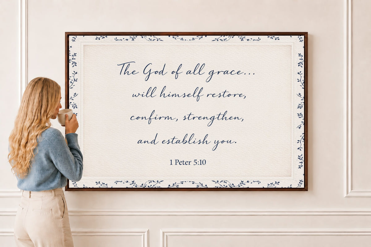 The God of All Grace — 1 Peter 5:10 Scripture Wall Art in a brown frame