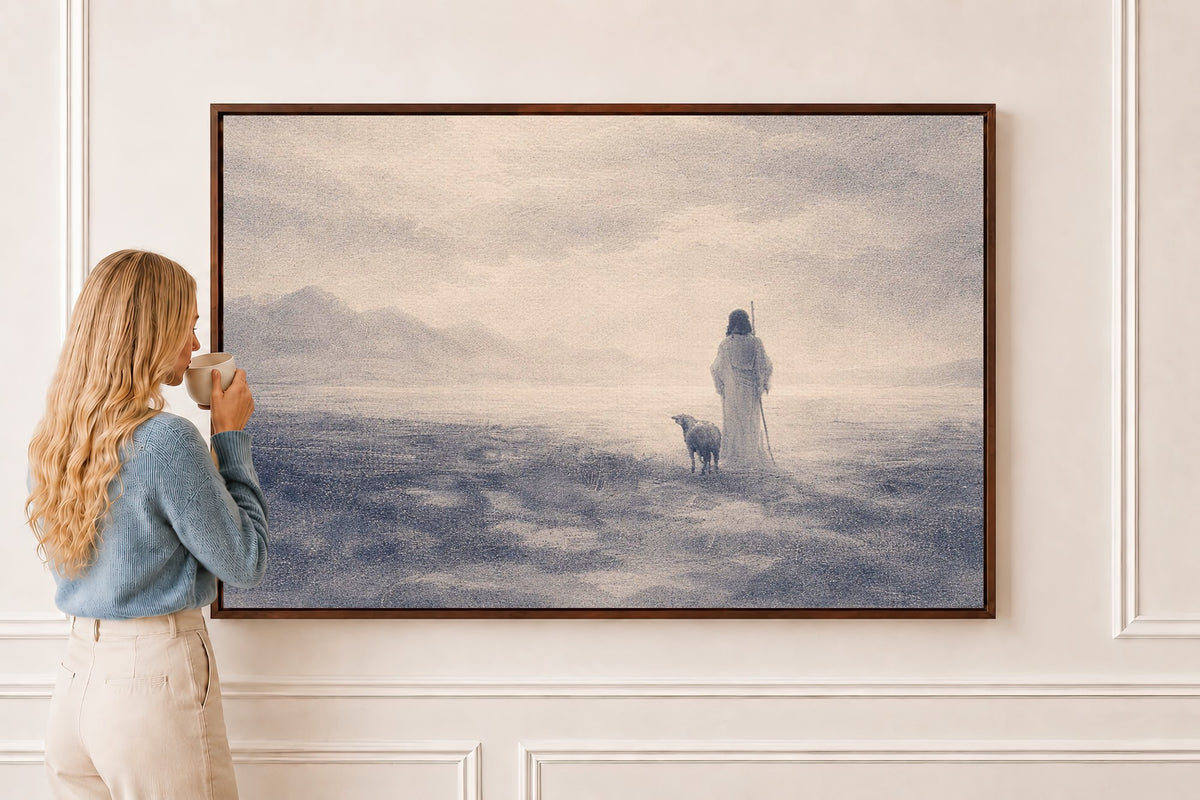 The Good Shepherd — Jesus and Lamb Scripture Wall Art in a brown frame