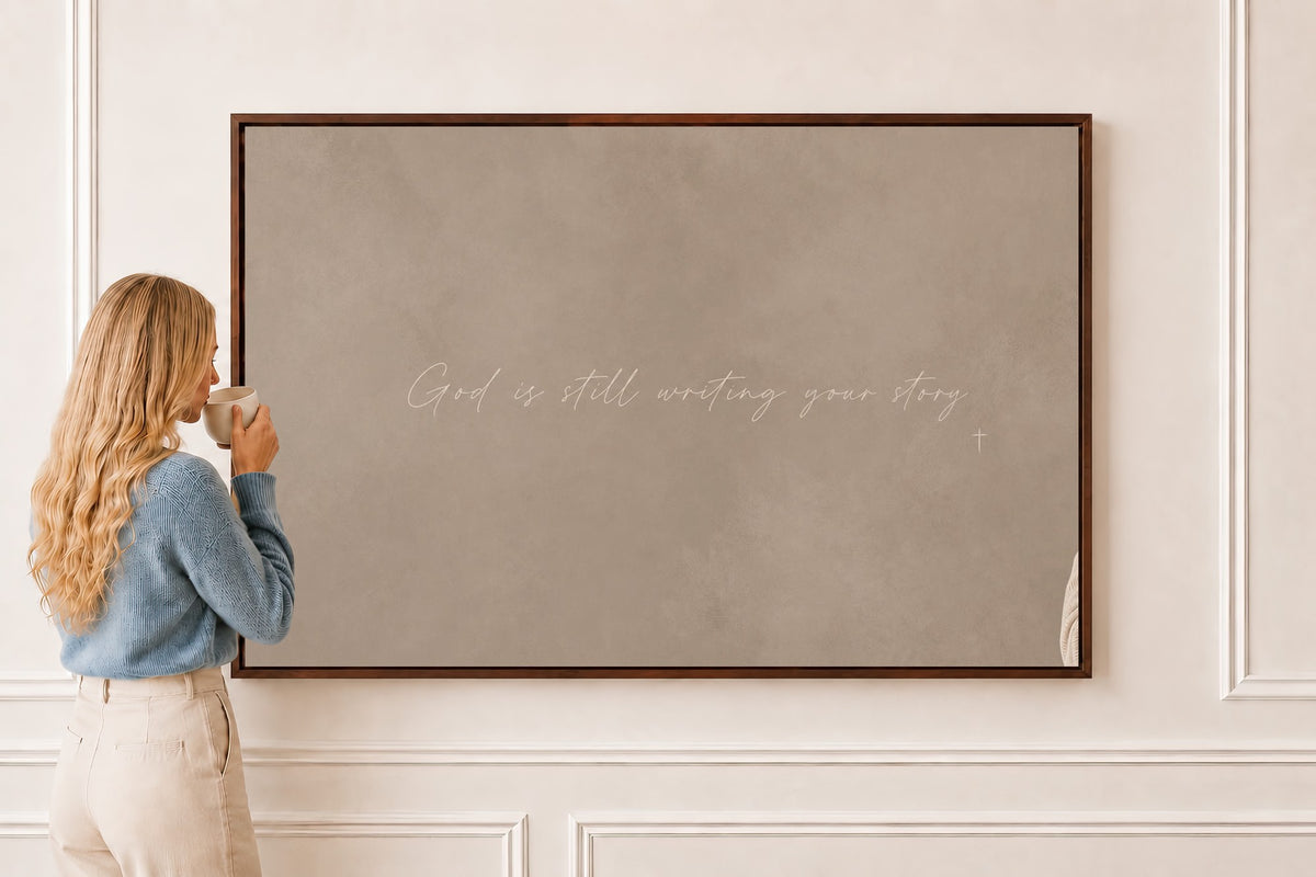 Still Writing Your Story — Scripture Wall Art in a brown frame