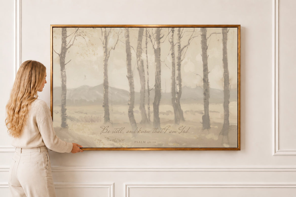 Be Still, Birch Grove — Psalm 46:10 in a gold frame
