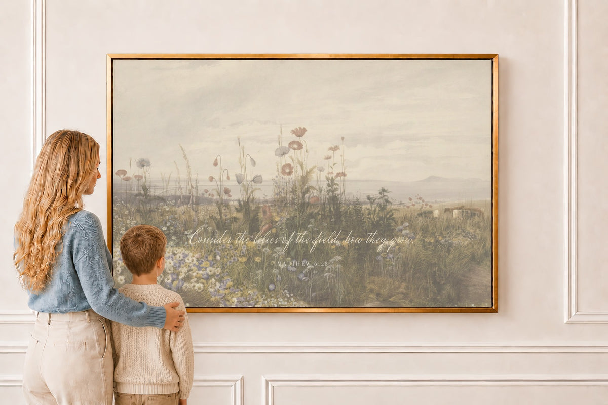 Consider the Lilies, Sea Wildflowers — Matthew 6:28 in a gold frame