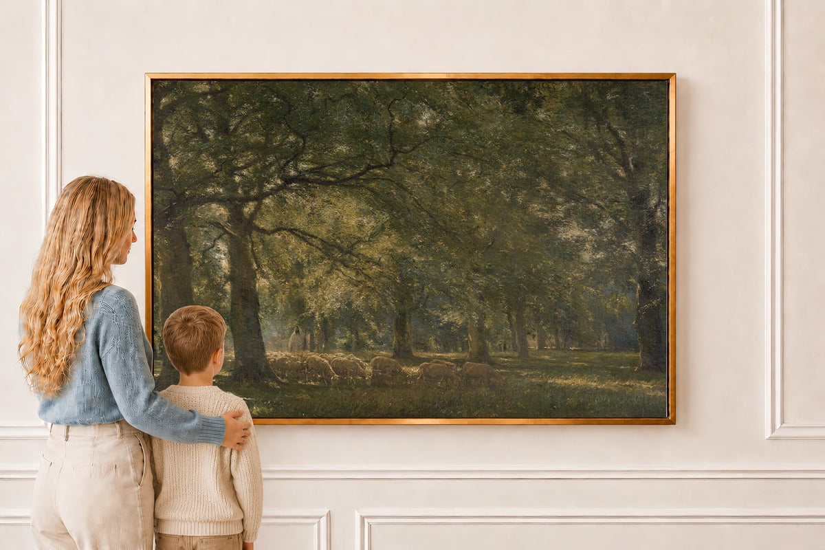 The Good Shepherd Meadow — Psalm 23 Pastoral Wall Art in a gold frame