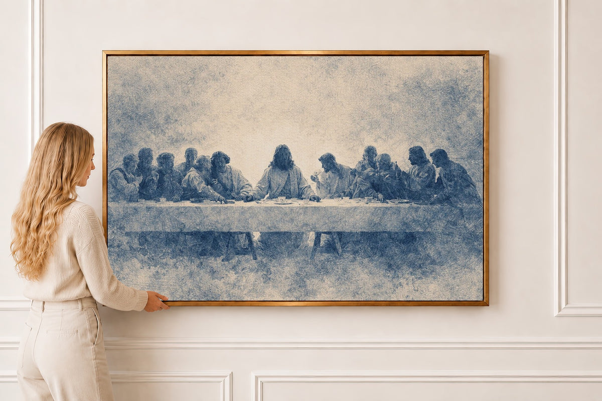 The Last Supper — Blue Vintage Christian Wall Art in a gold frame