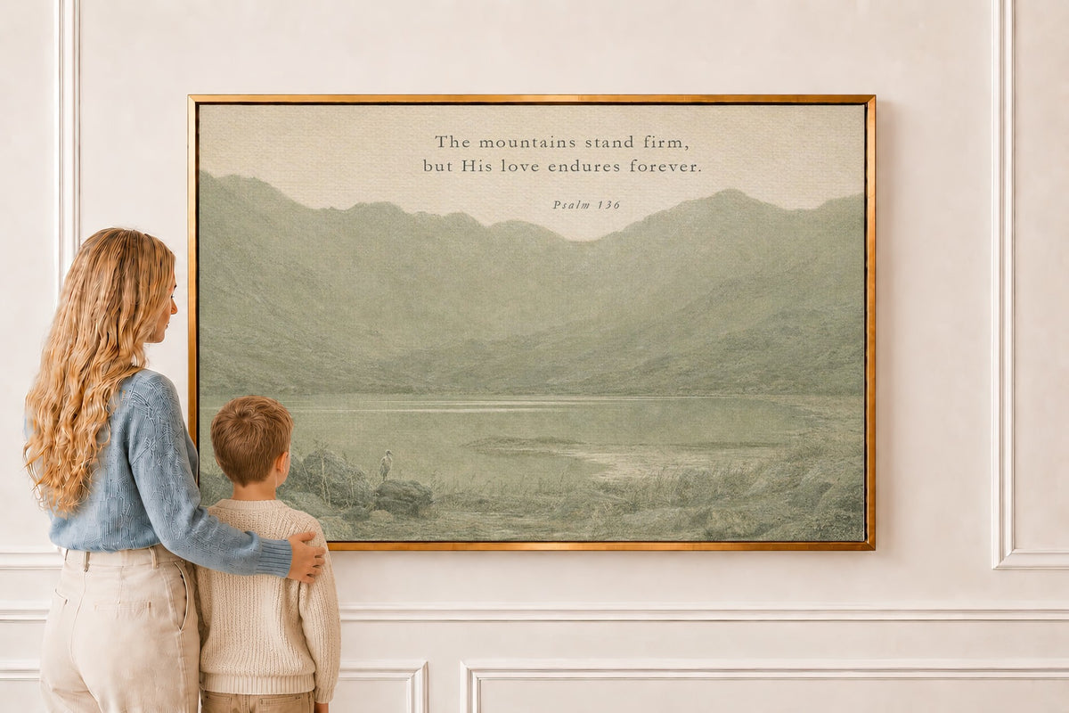 The Mountains Stand Firm — Psalm 136 Scripture Wall Art in a gold frame