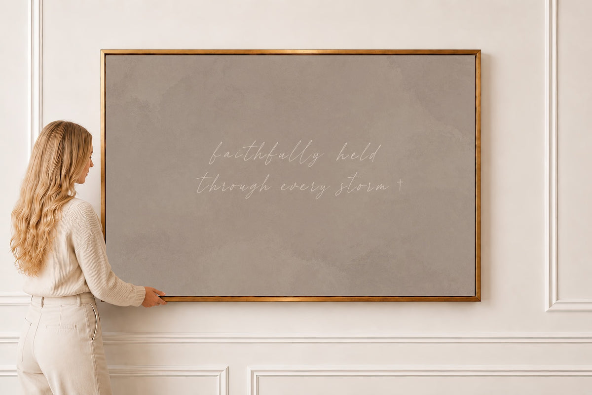 Faithfully Held Through Storms — Scripture Wall Art in a gold frame