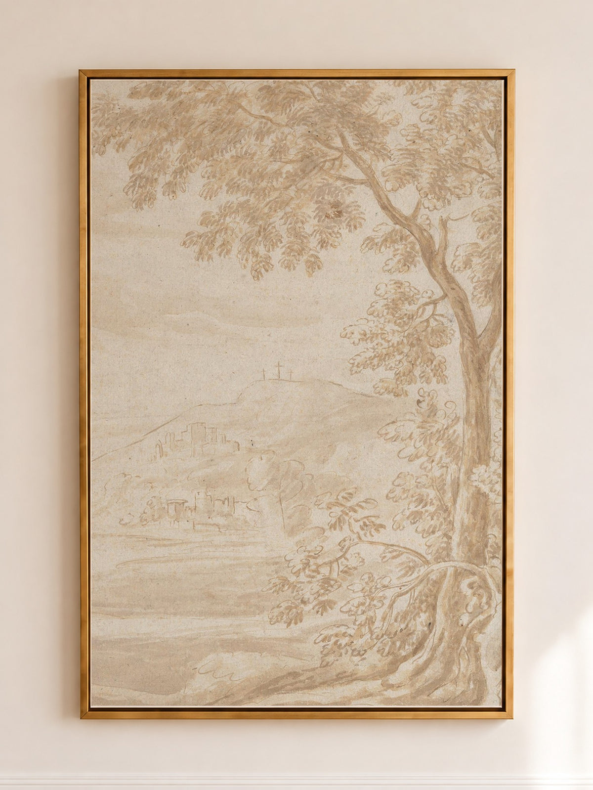 Three Crosses on the Hill — Scripture Wall Art in a gold frame