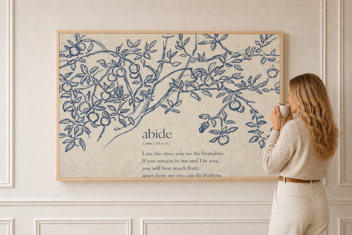 Abide in Me — John 15:5 Vine Botanical Scripture Wall Art in a natural oak frame