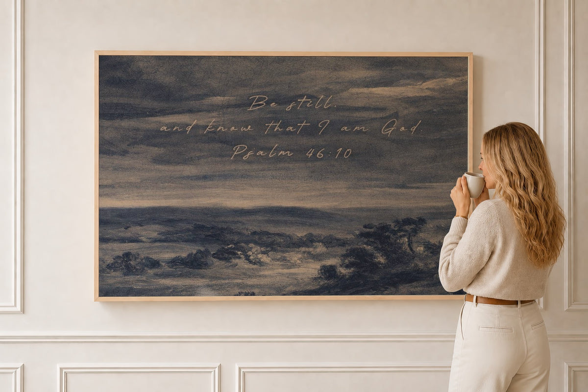 Be Still, Moody Coastal — Psalm 46:10 in a natural oak frame