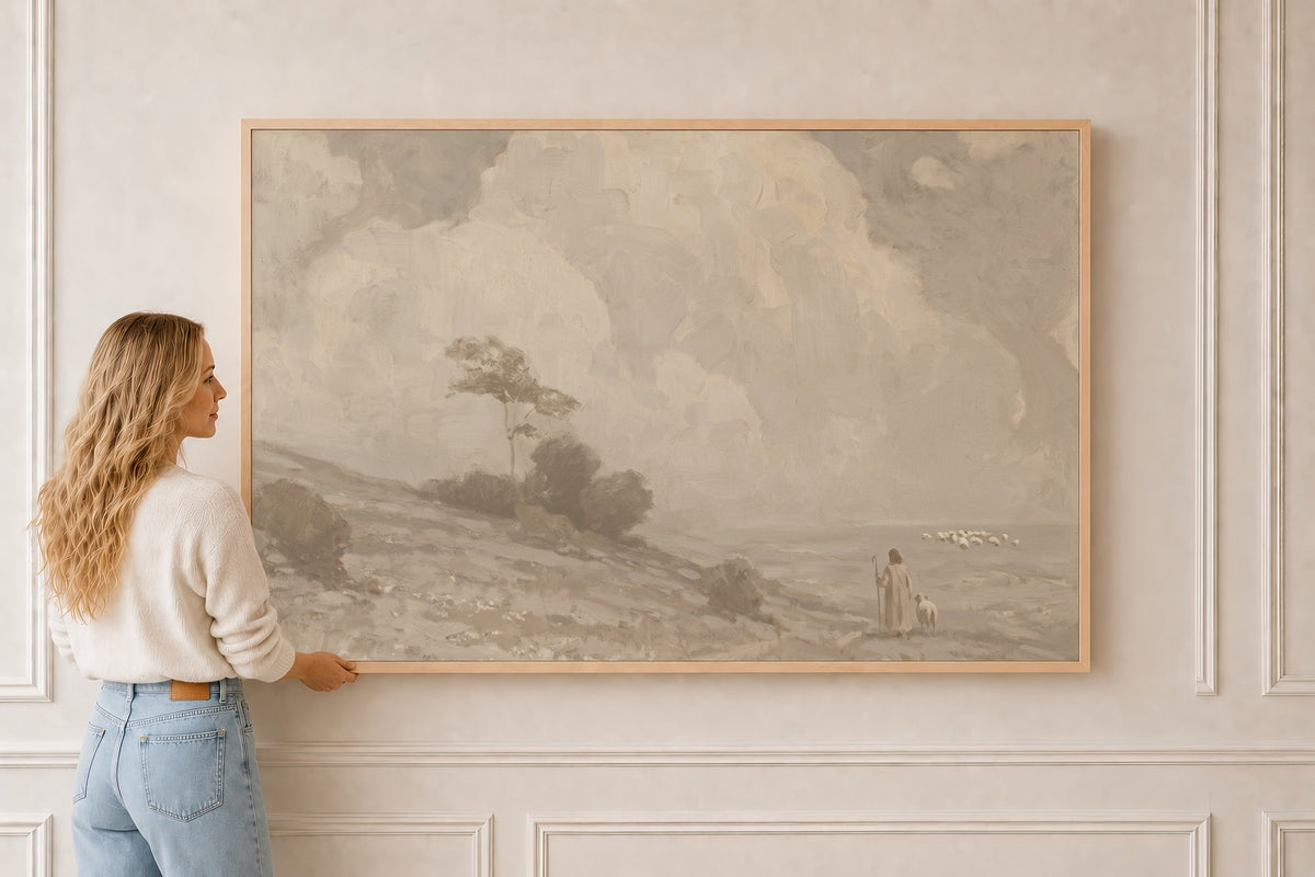 Farmhouse Faith, Cumulus Hillside — Scripture Wall Art in a natural oak frame