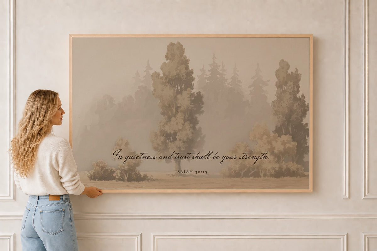 Misty Grove — Isaiah 30:15 in a natural oak frame