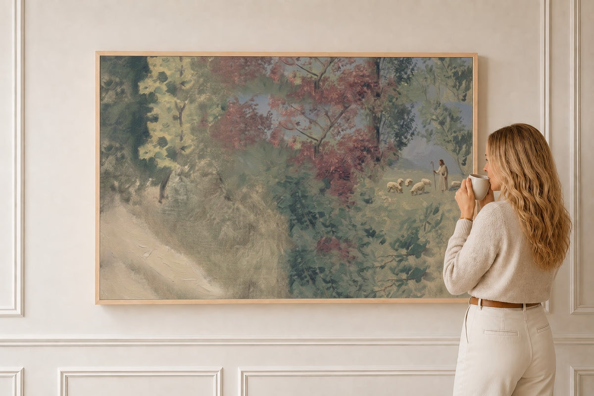 Jesus in the Meadow — Psalm 23 in a natural oak frame