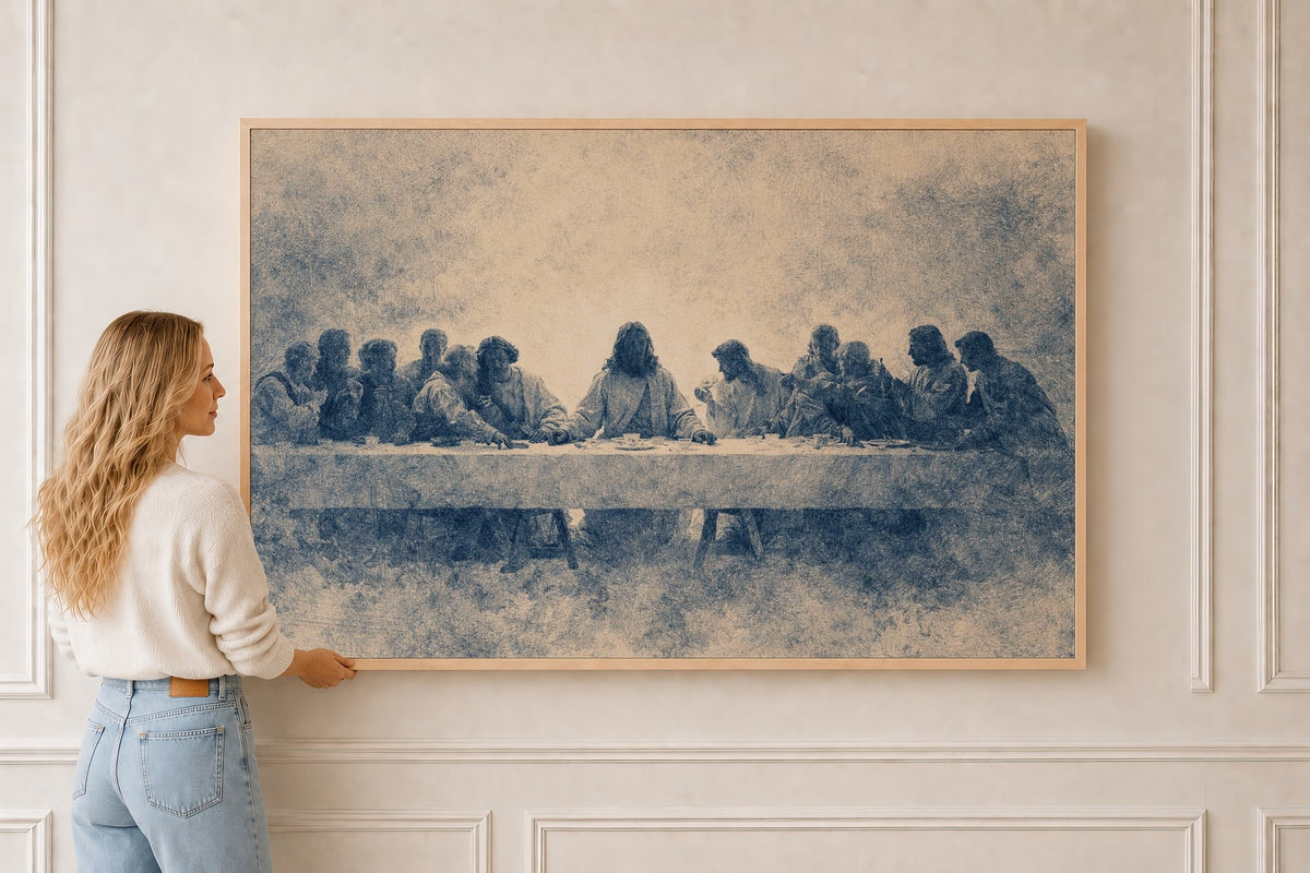 Last Supper — Blue Vintage Wall Art in a natural oak frame