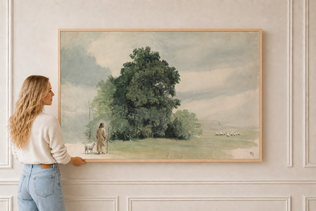 Lost Sheep, Green Hill Trees — Luke 15 in a natural oak frame