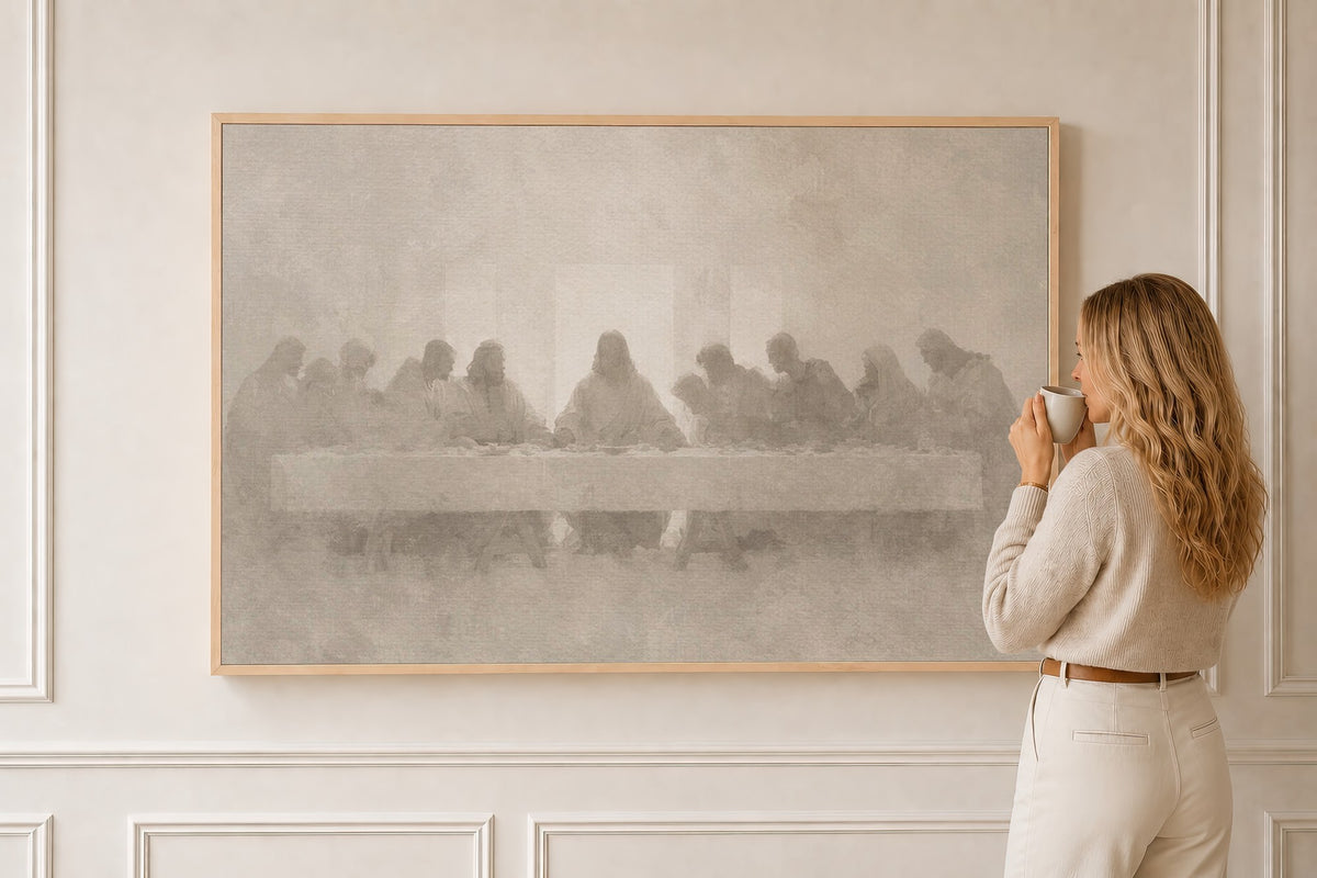 Minimalist Last Supper Wall Art — Modern Christian Canvas in a natural oak frame