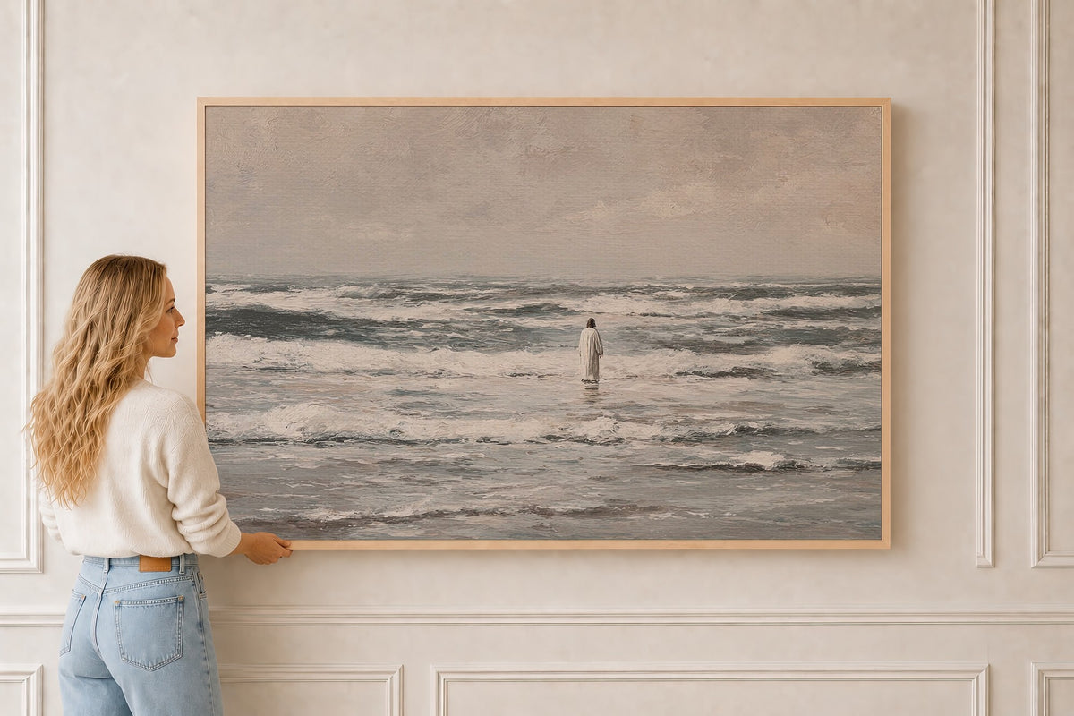 Power Over the Waves and Ocean - Christian Wall Decor, Ocean Art Print in a natural oak frame