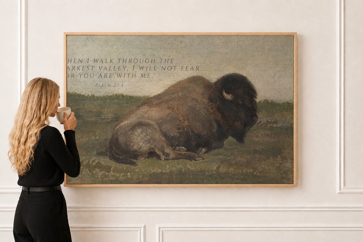 Wildlife Bison — Psalm 23:4 in a natural oak frame