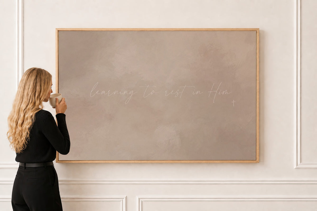 Learning to Rest in Him — Scripture Wall Art in a natural oak frame