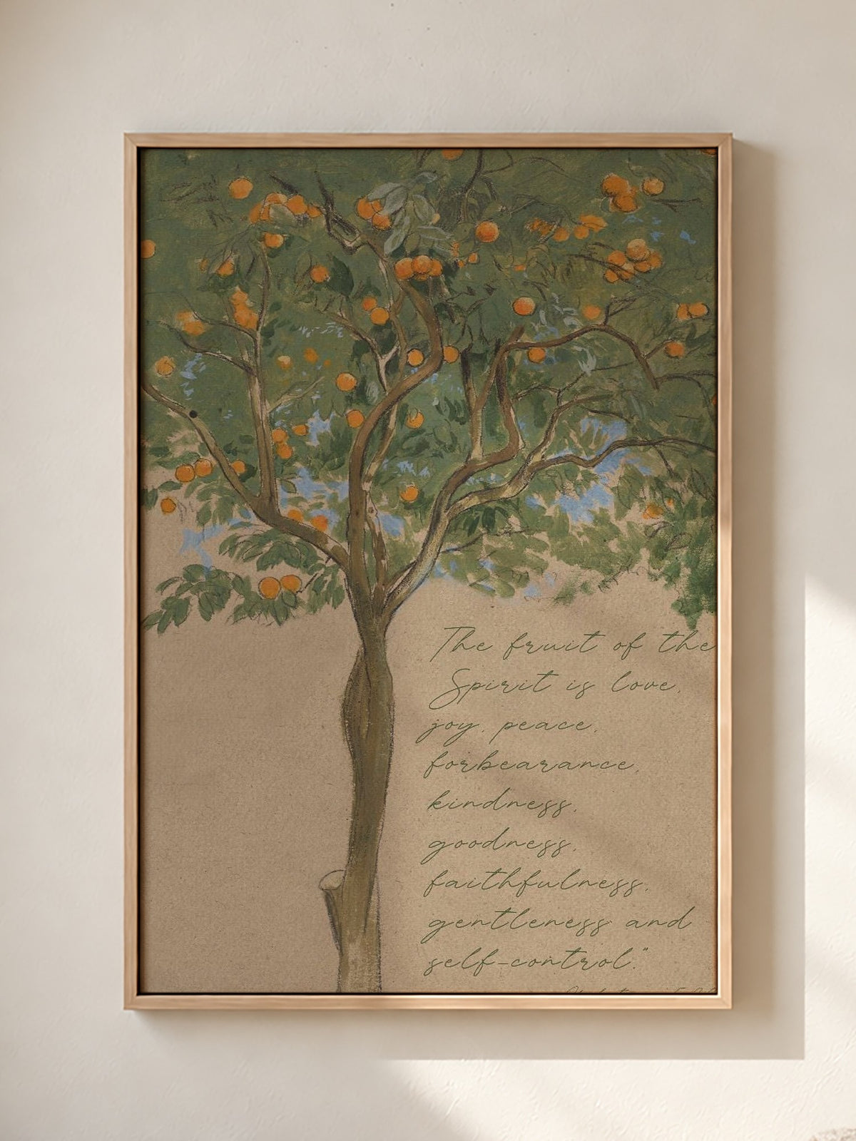 Fruit of the Spirit — Galatians 5:22 Vintage in a natural oak frame