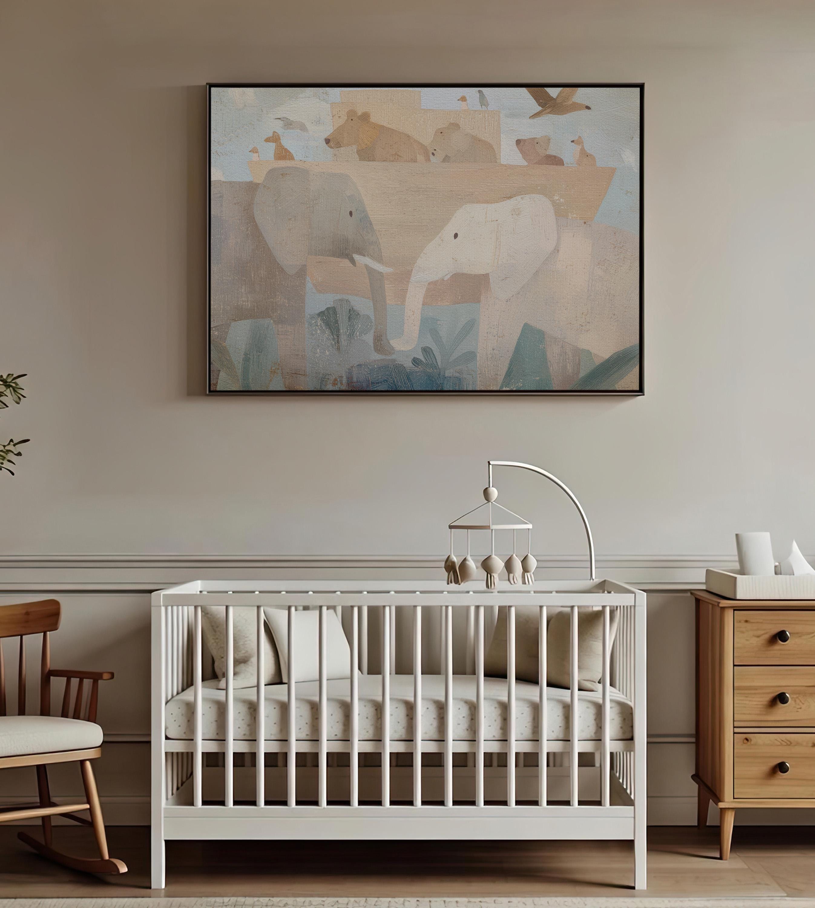 Noah’s Ark Neutral Nursery Art, Christian Animal Print, Abstract Faith Kids Room Decor