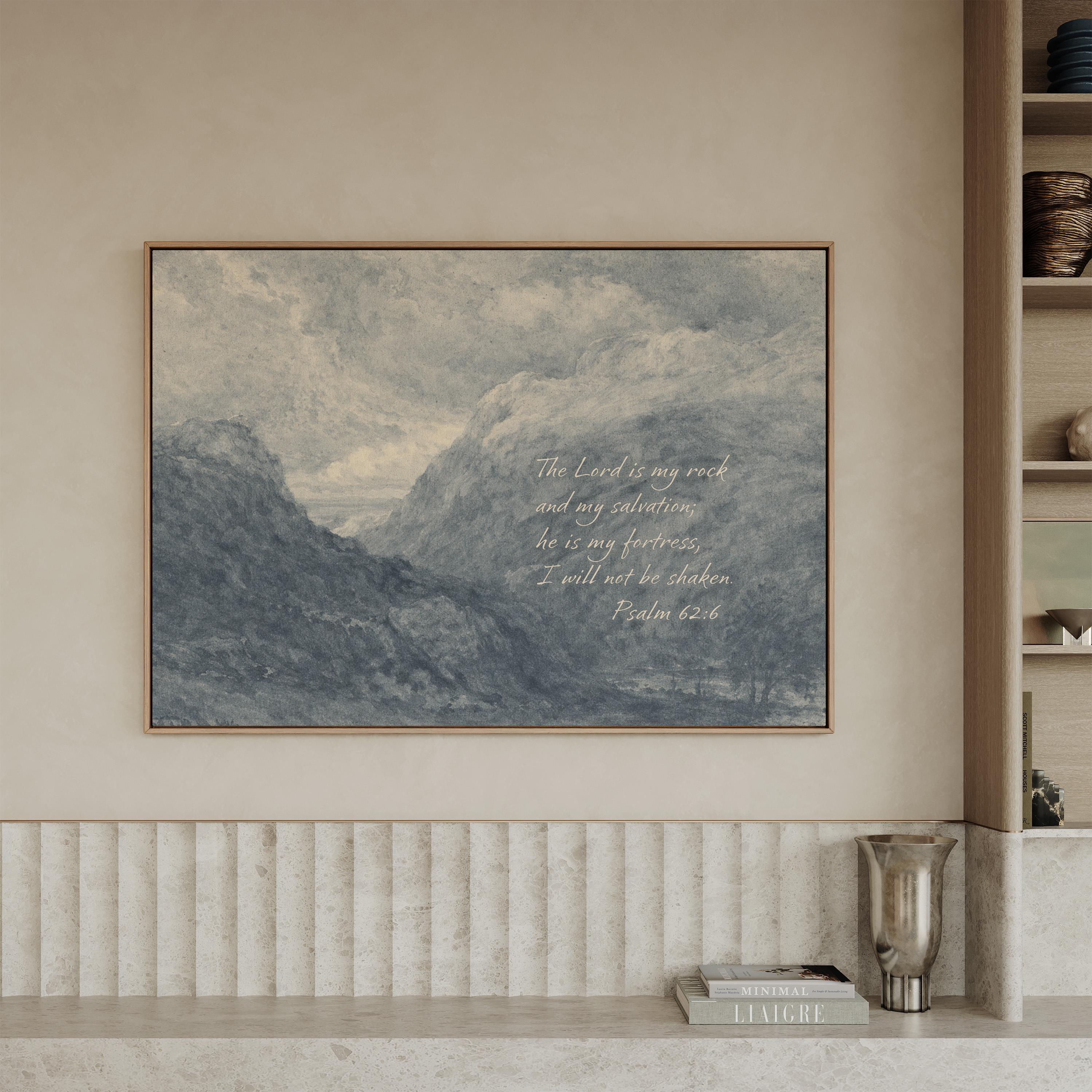 Psalm 62:6 Wall Art – The Lord Is My Rock – Blue Mountain Christian Landscape Print – Vintage Scripture Wall Decor