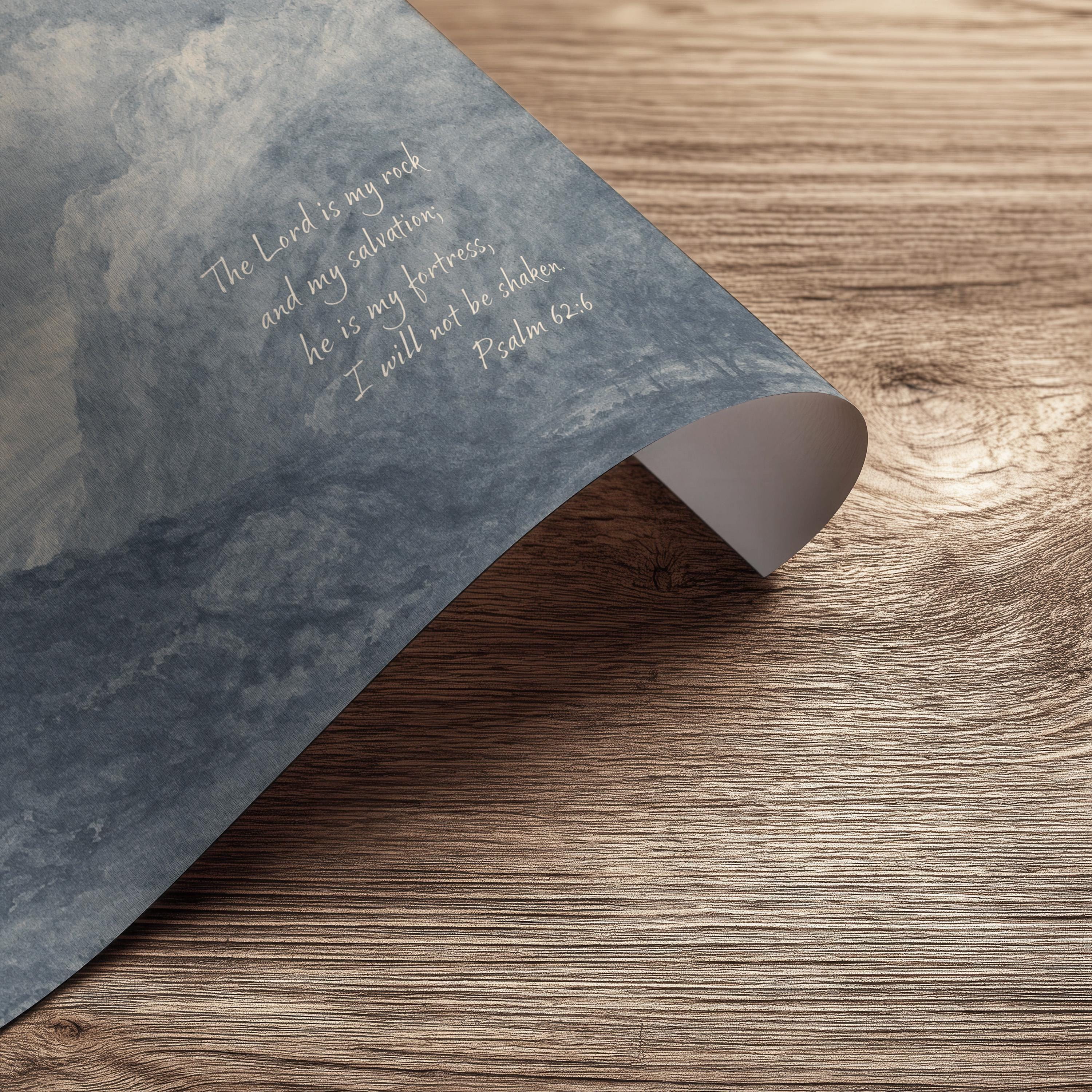 Psalm 62:6 Wall Art – The Lord Is My Rock – Blue Mountain Christian Landscape Print – Vintage Scripture Wall Decor