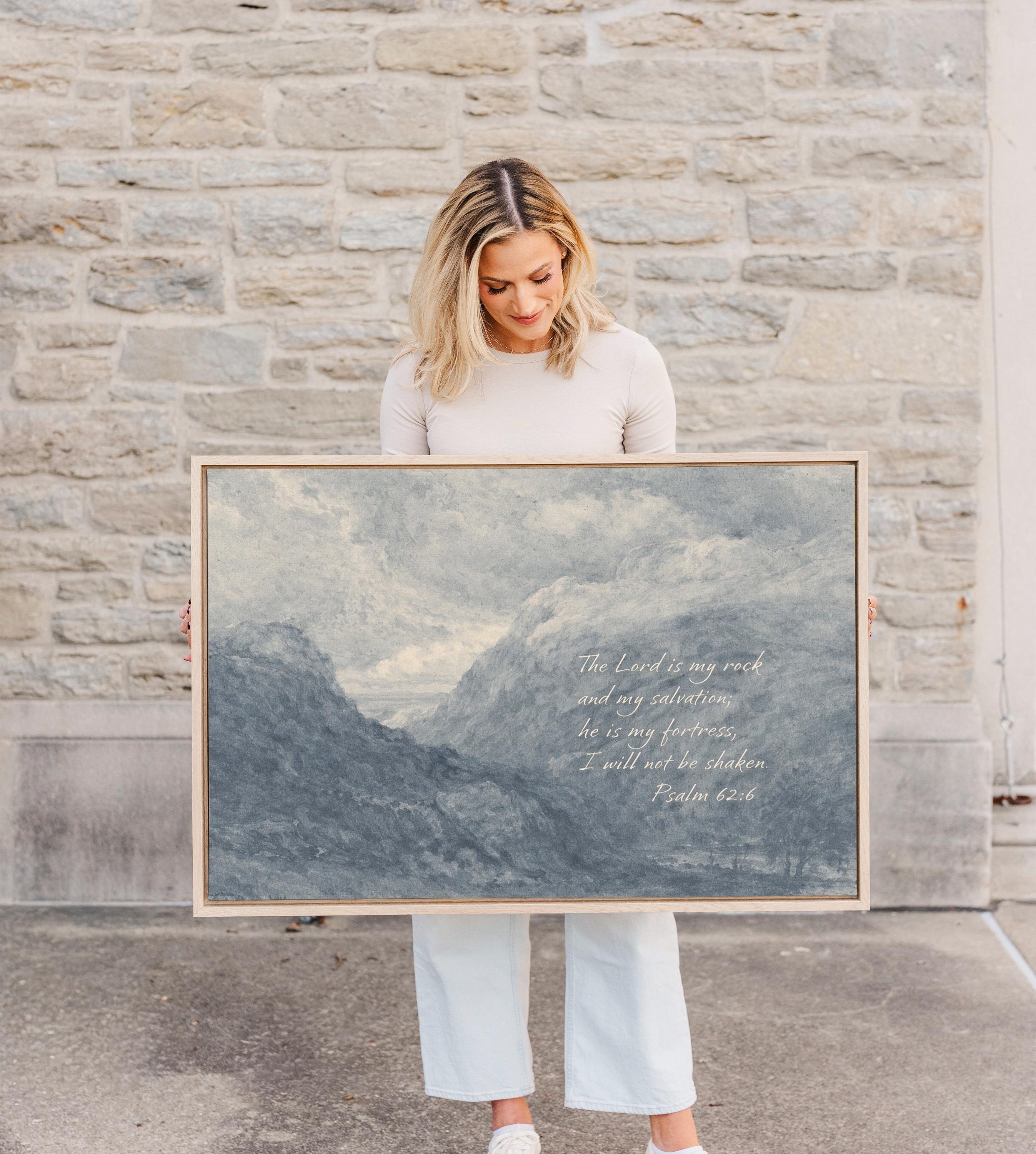 Psalm 62:6 Wall Art – The Lord Is My Rock – Blue Mountain Christian Landscape Print – Vintage Scripture Wall Decor