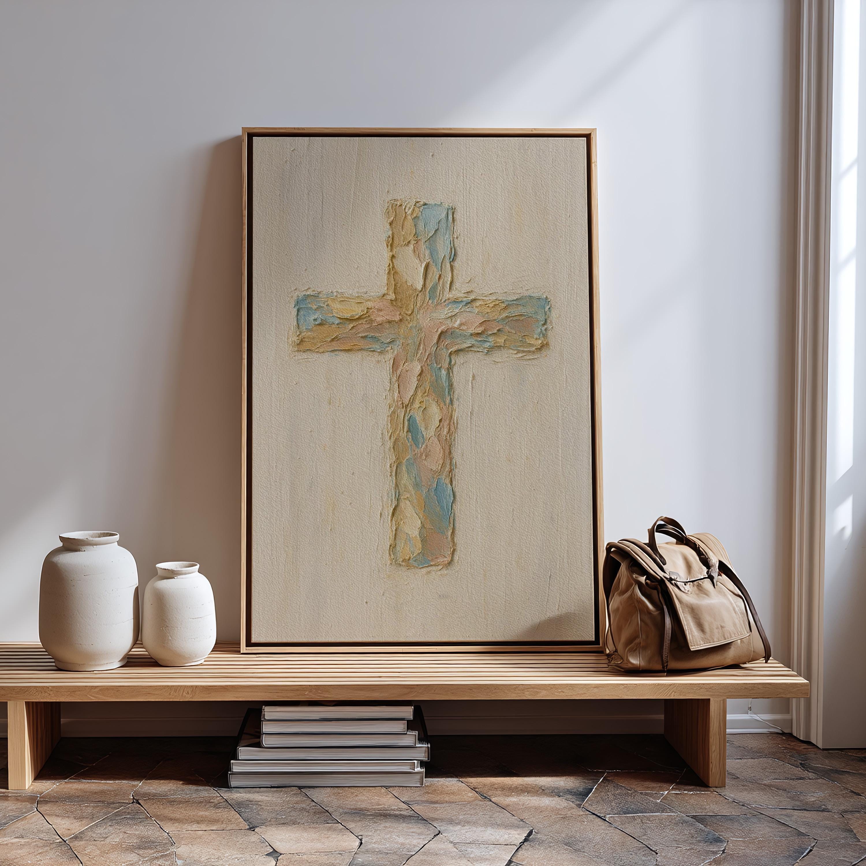Pastel Christian Cross Art Print: Abstract Canvas-Style Look - Religious Home Decor