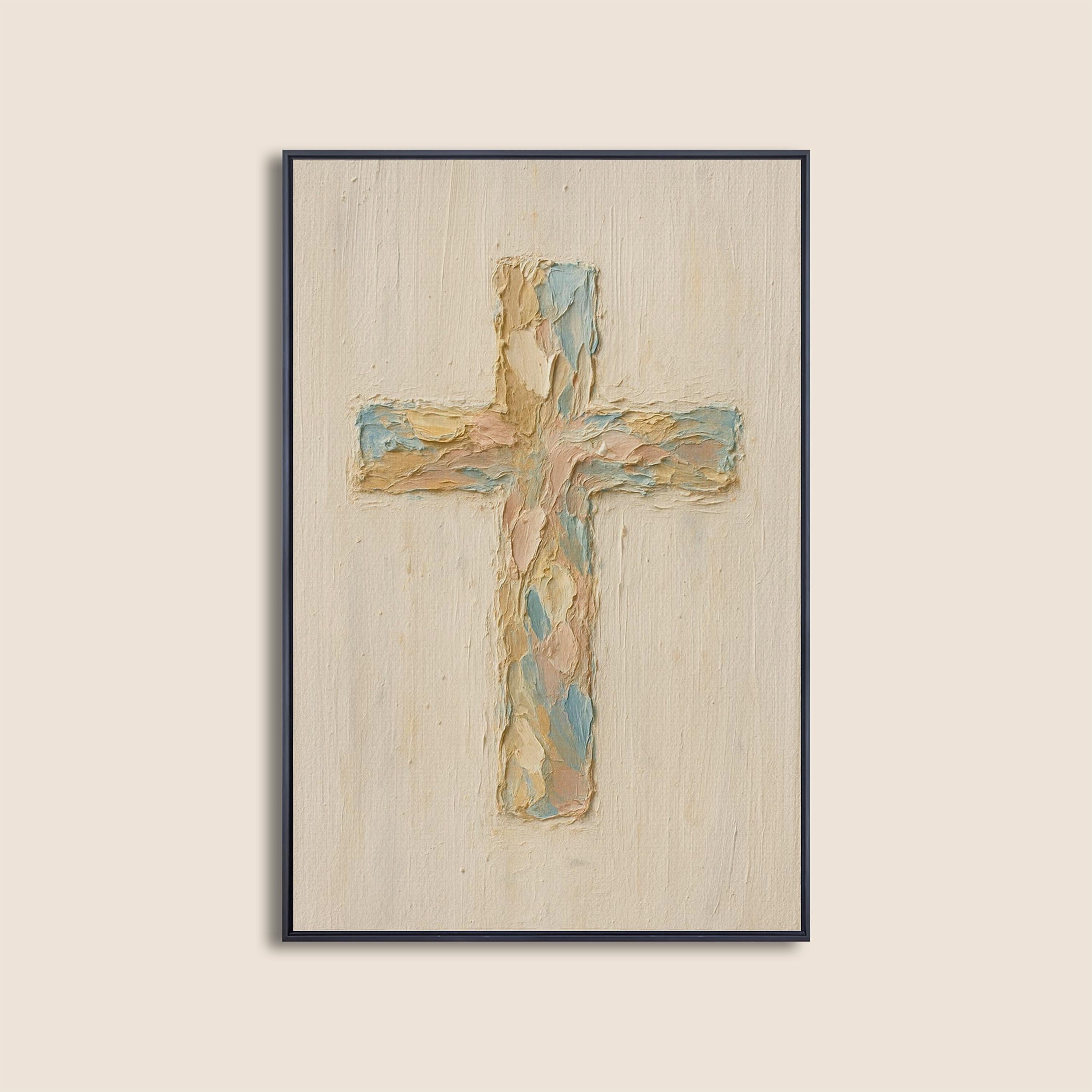 Pastel Christian Cross Art Print: Abstract Canvas-Style Look - Religious Home Decor