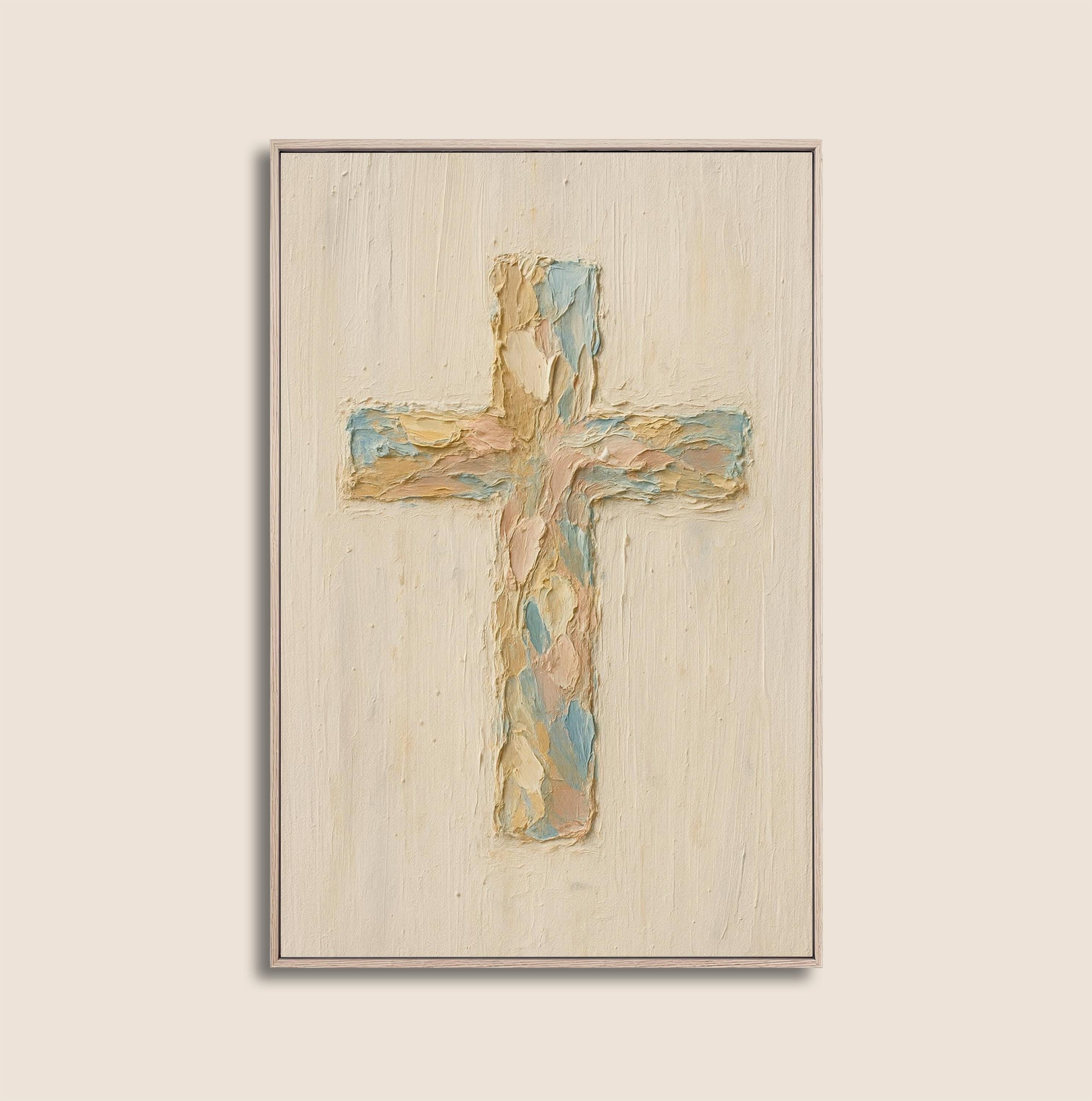 Pastel Christian Cross Art Print: Abstract Canvas-Style Look - Religious Home Decor