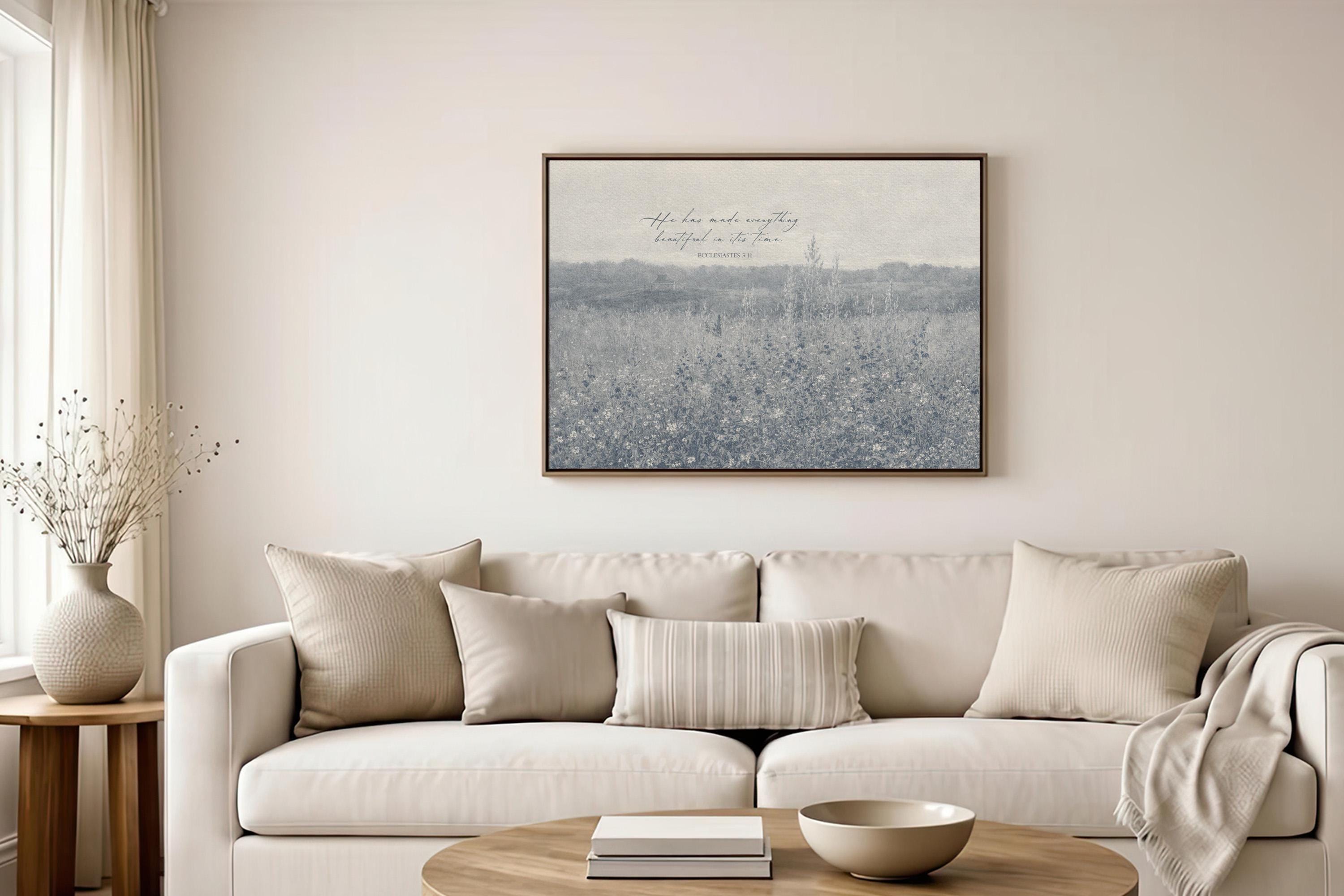 Ecclesiastes 3:11 Wall Art – He Has Made Everything Beautiful – Vintage Blue Christian Field Landscape Print – Scripture Decor