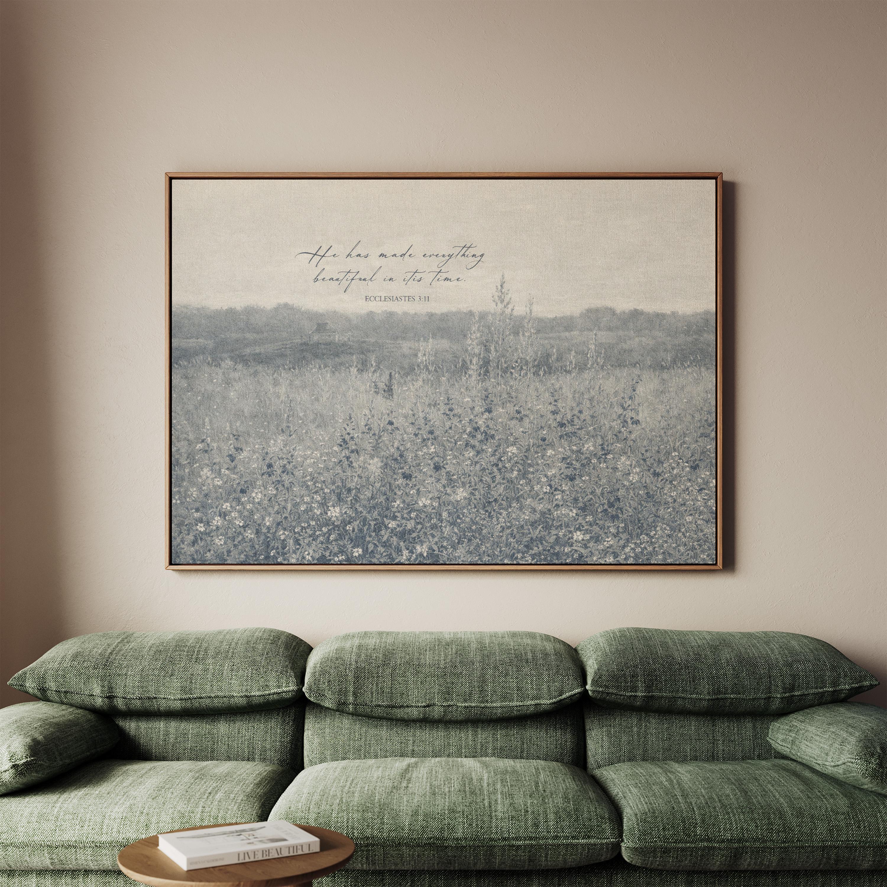 Ecclesiastes 3:11 Wall Art – He Has Made Everything Beautiful – Vintage Blue Christian Field Landscape Print – Scripture Decor
