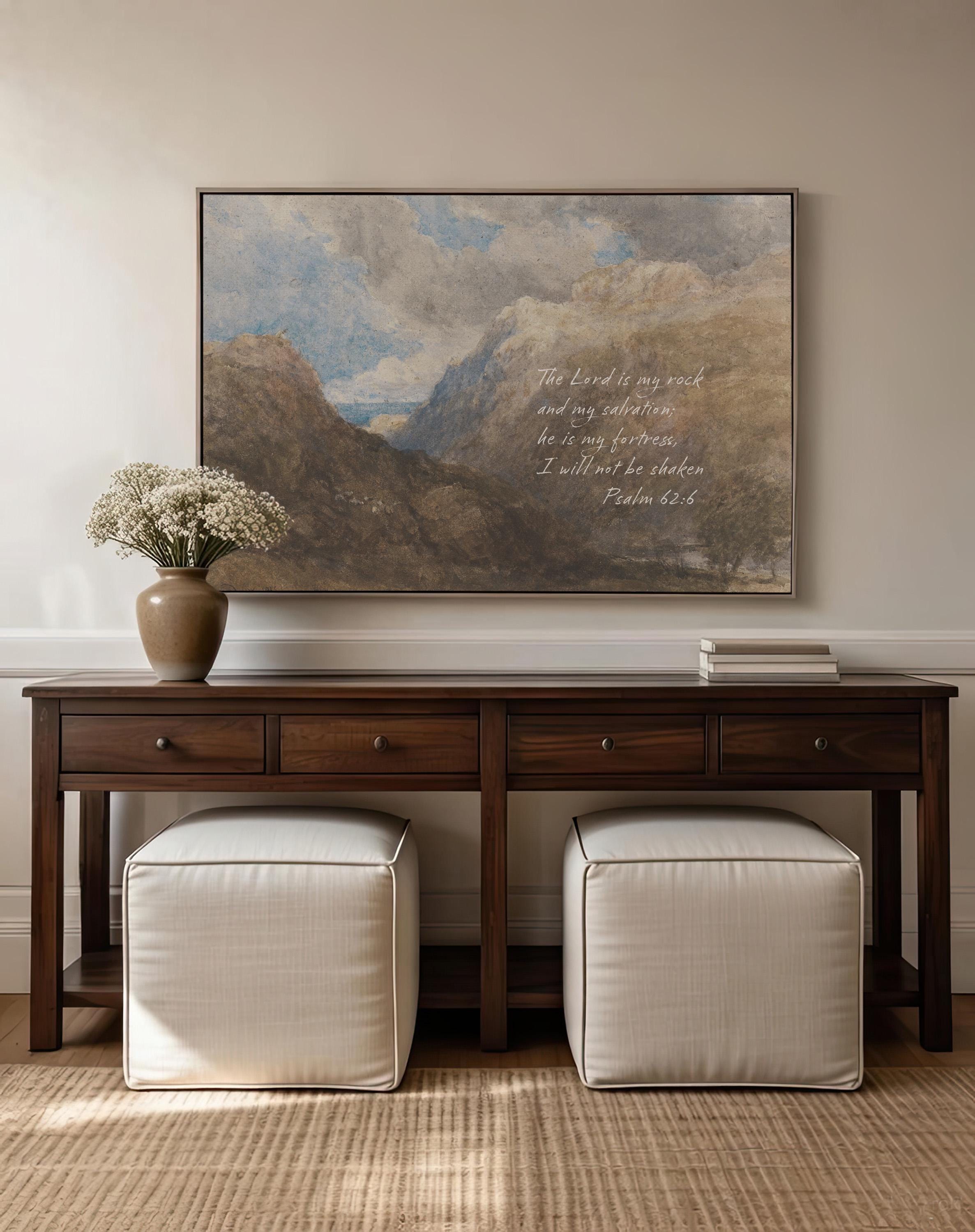 Psalm 62:6 Mountain Vintage Style Landscape | Warm Neutral Wall Art | Christian Home Decor