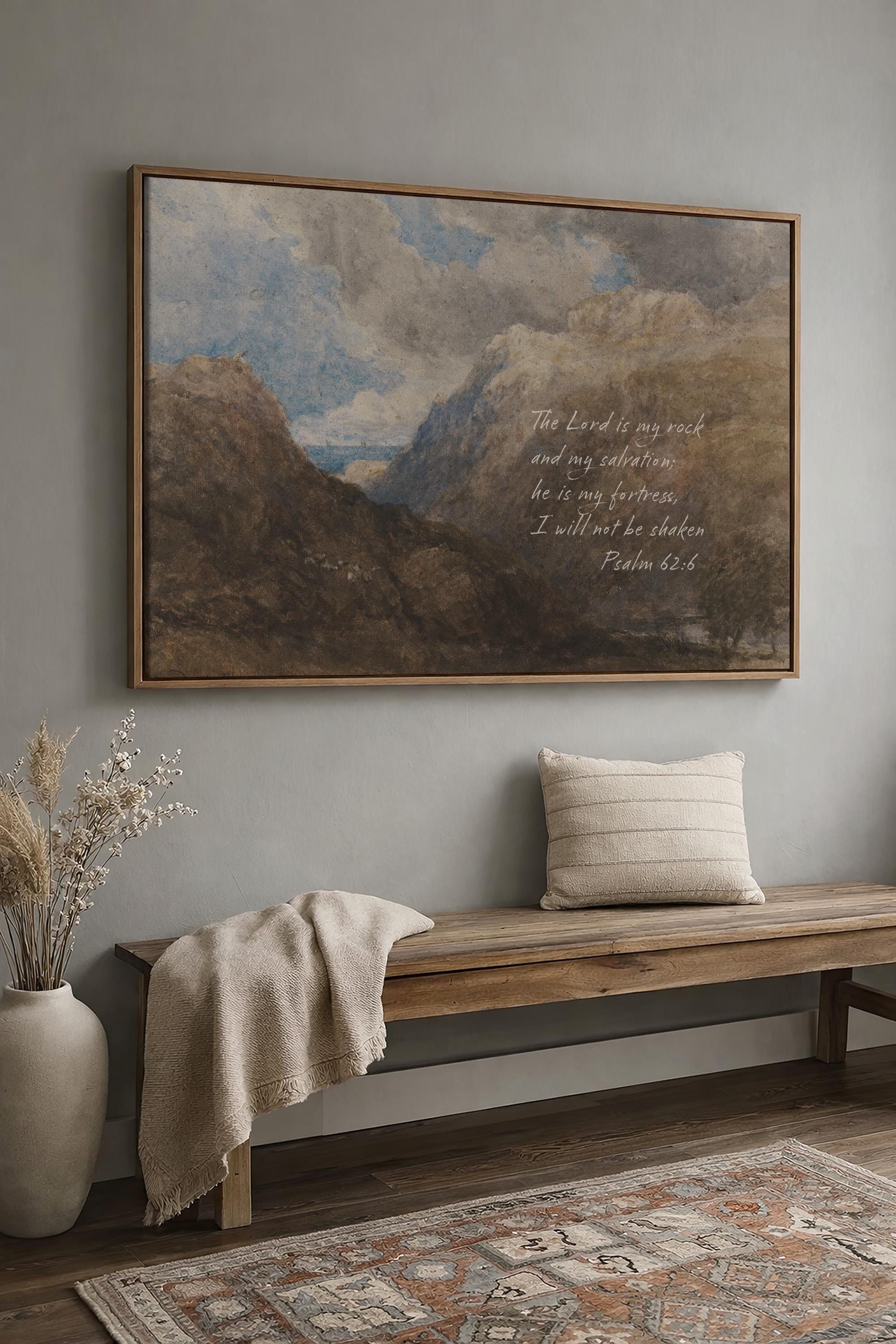 Psalm 62:6 Mountain Vintage Style Landscape | Warm Neutral Wall Art | Christian Home Decor