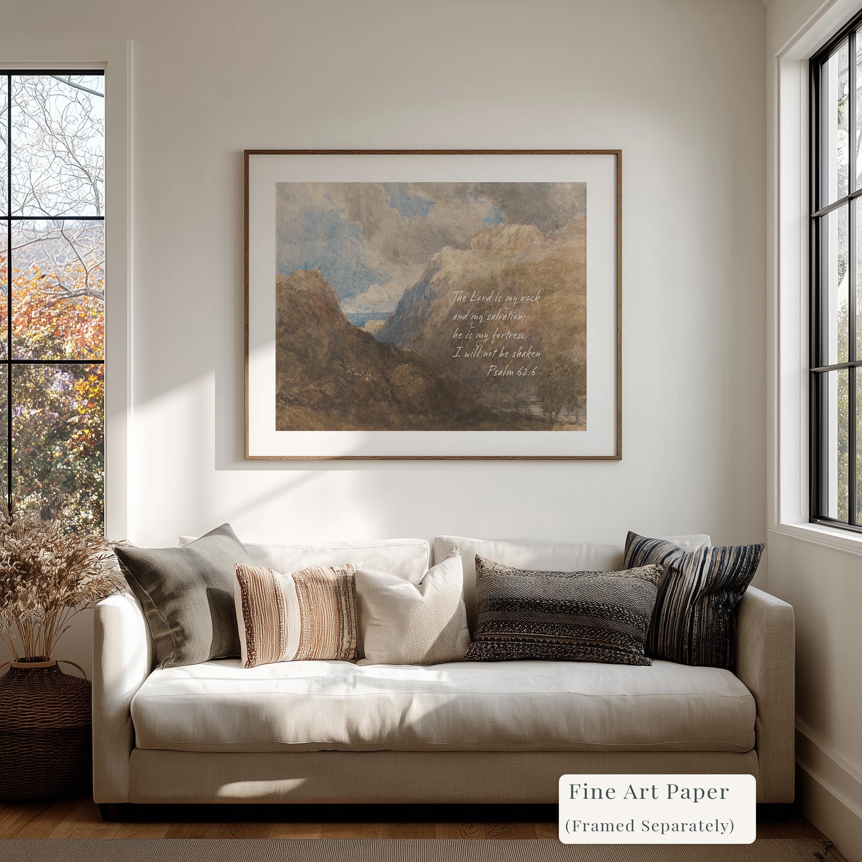 Psalm 62:6 Mountain Vintage Style Landscape | Warm Neutral Wall Art | Christian Home Decor