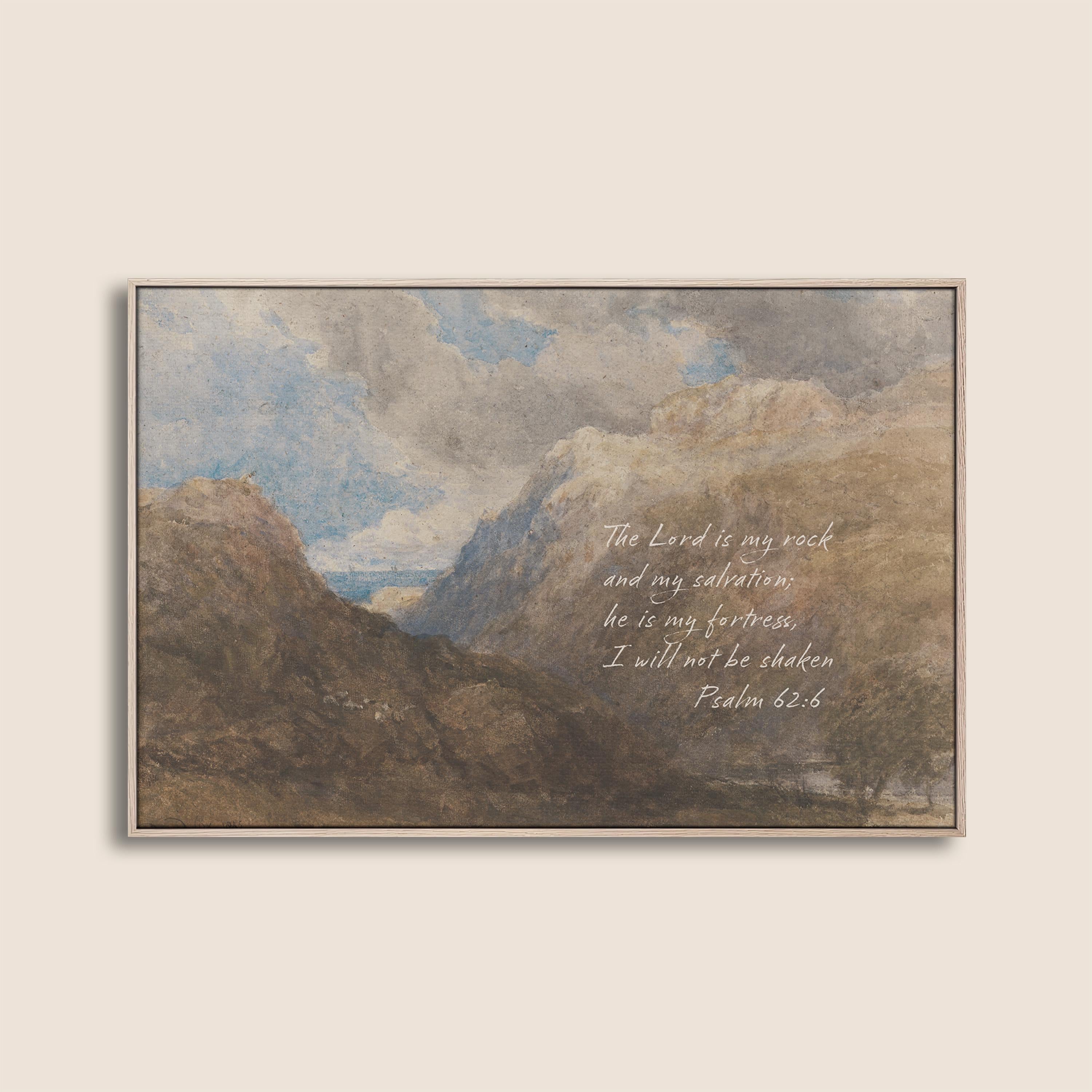 Psalm 62:6 Mountain Vintage Style Landscape | Warm Neutral Wall Art | Christian Home Decor