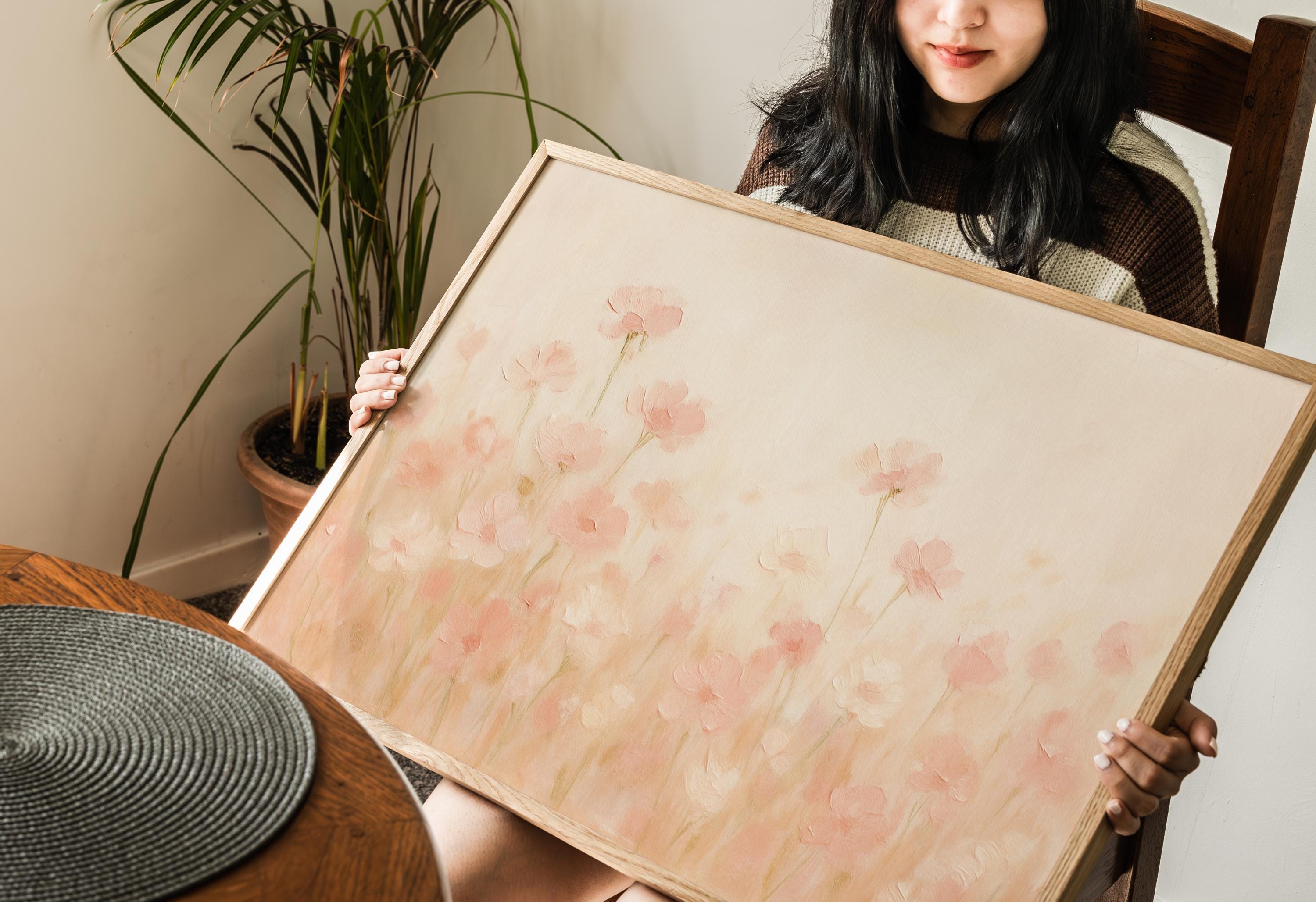 Blush Pink Flower Field Canvas Print: Romantic Pastel Wildflower Wall Art