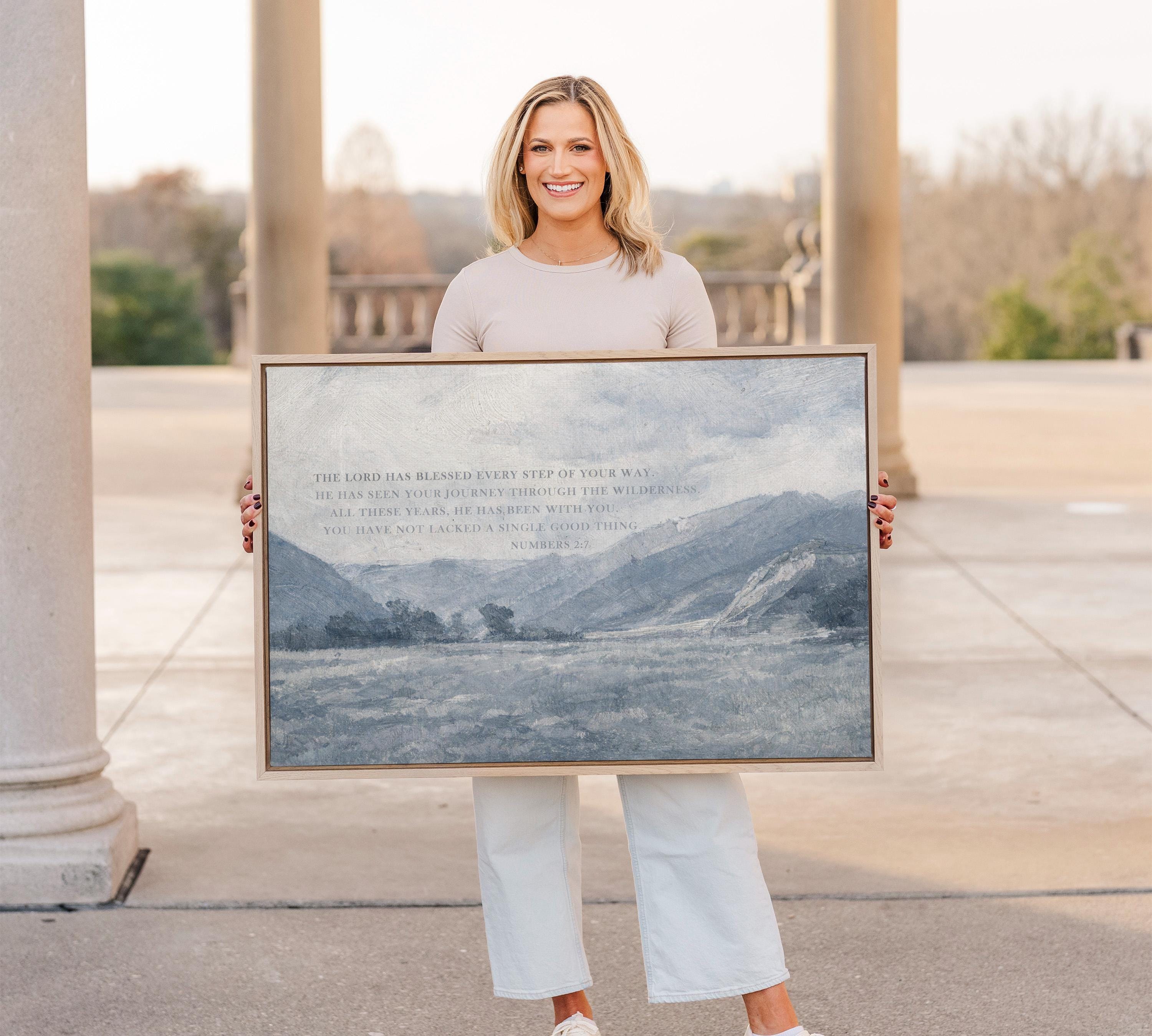 Numbers 2:7 Bible Verse Wall Art – The Lord Has Blessed Every Step – Vintage Blue Christian Landscape Print – Faith Home Decor