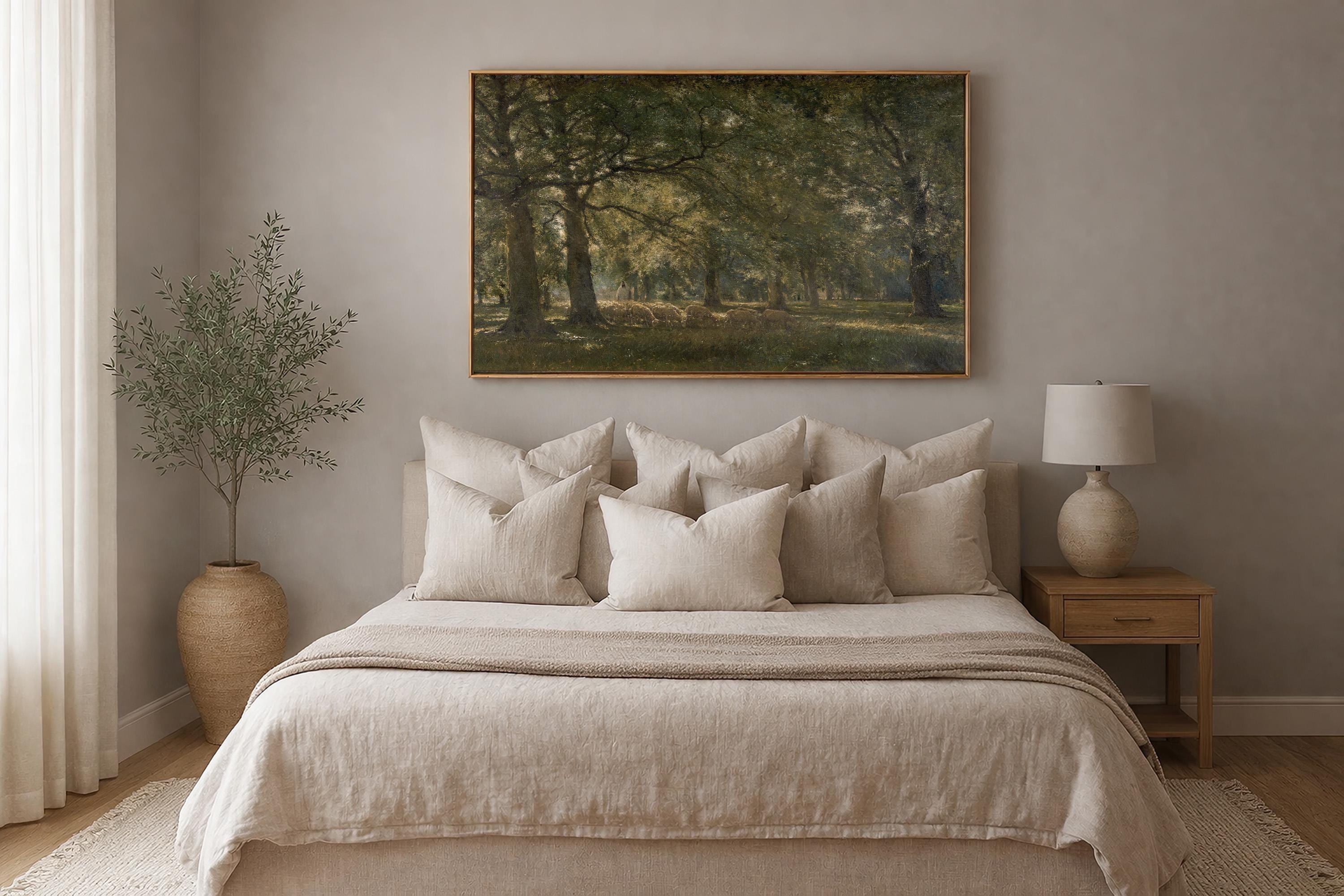 The Good Shepherd Meadow Landscape Print, Vintage Pastoral Wall Art with Sheep, Psalm 23 Inspired