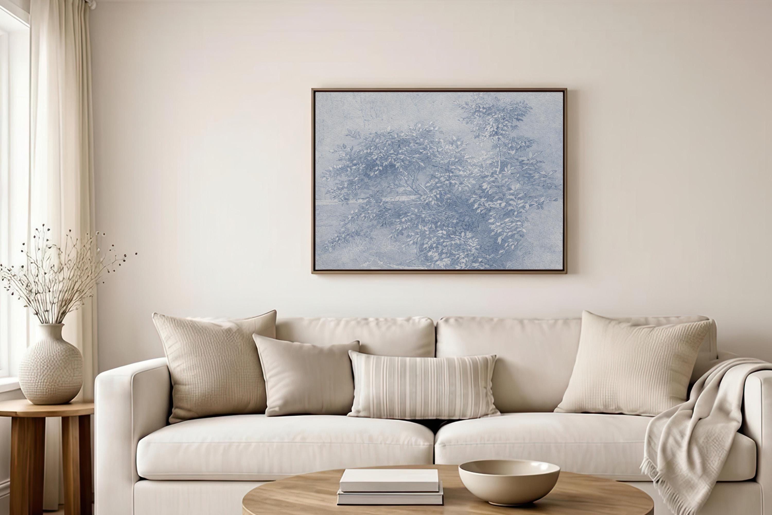 Antique Blue Botanical Wall Art Print – Vintage Ink Wash Leaves – French Country Cottage Decor – Blue Pastoral Landscape Art