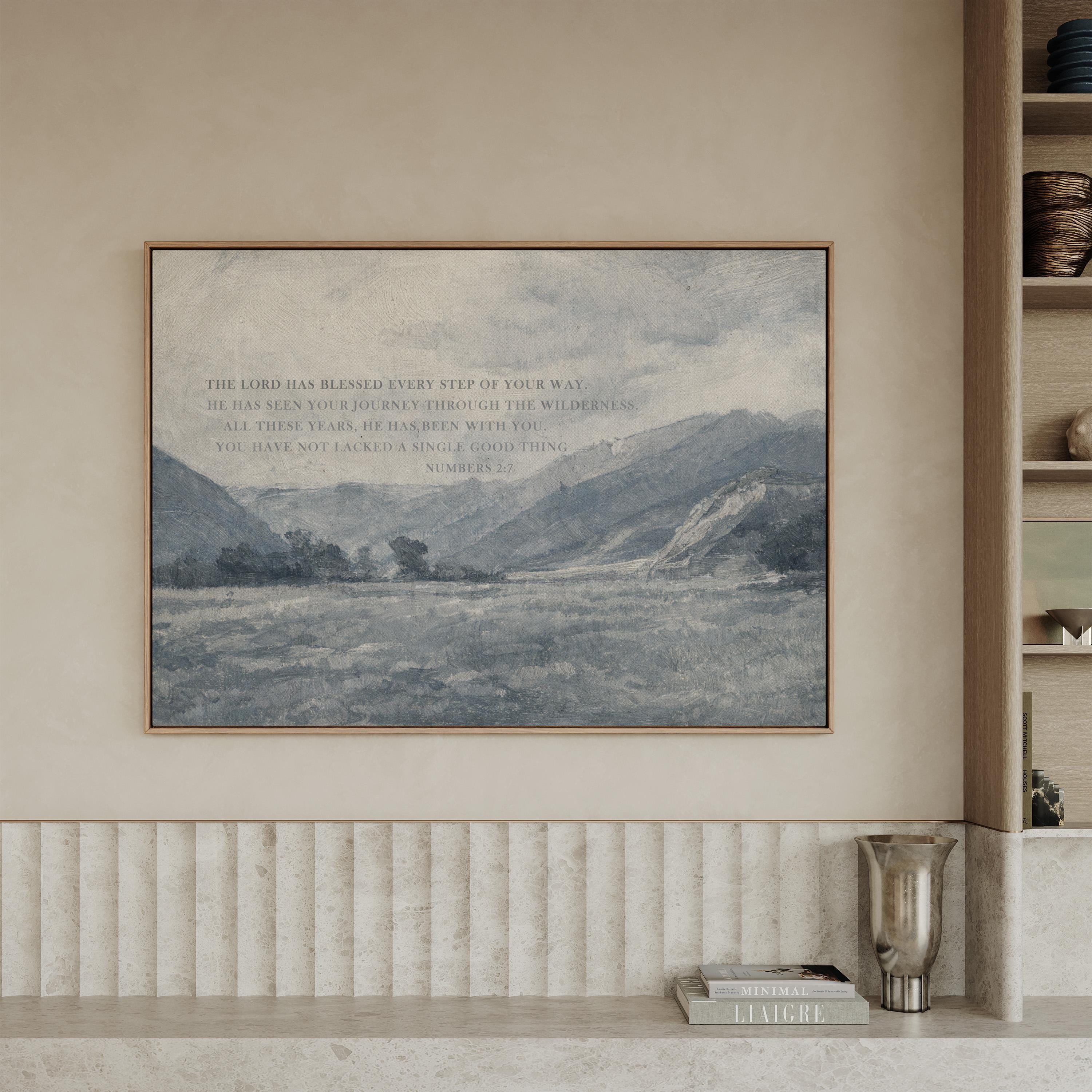 Numbers 2:7 Bible Verse Wall Art – The Lord Has Blessed Every Step – Vintage Blue Christian Landscape Print – Faith Home Decor