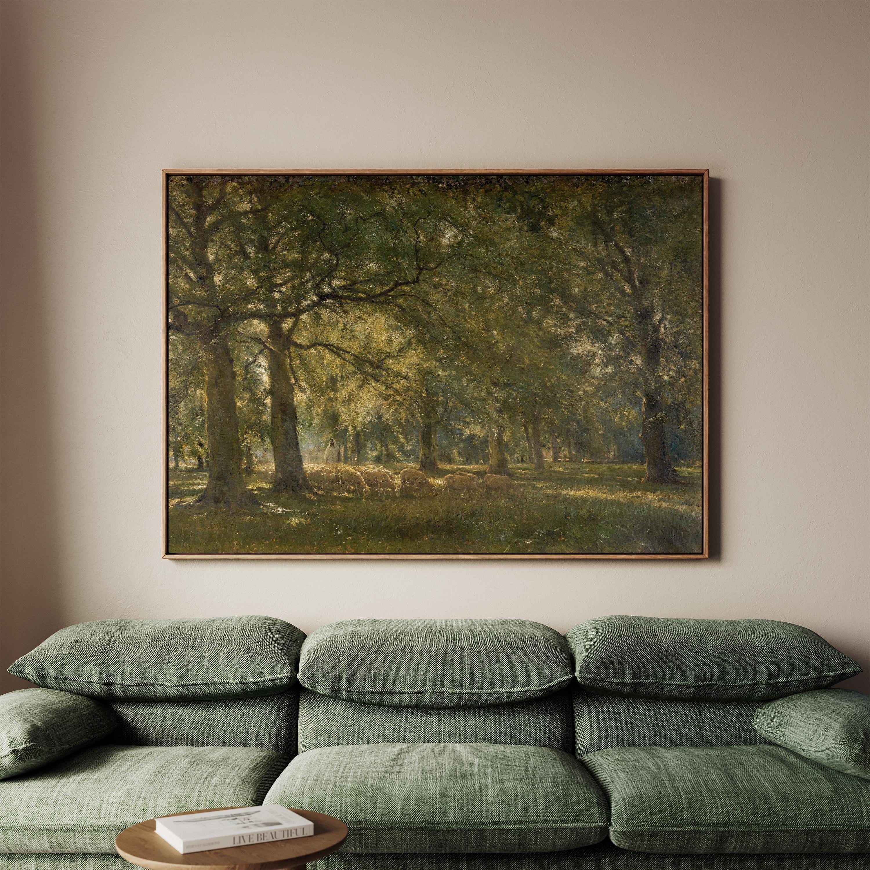 The Good Shepherd Meadow Landscape Print, Vintage Pastoral Wall Art with Sheep, Psalm 23 Inspired