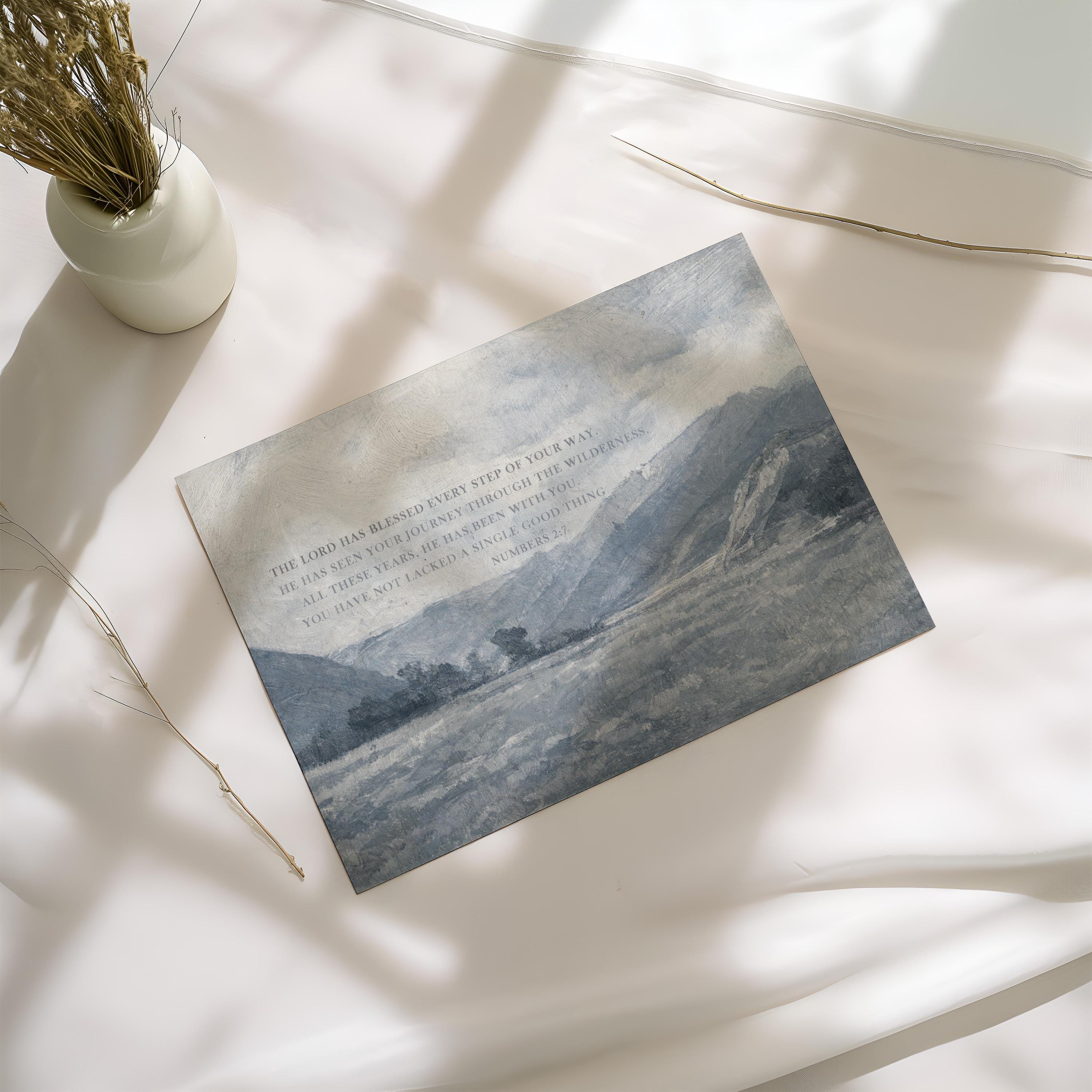 Numbers 2:7 Bible Verse Wall Art – The Lord Has Blessed Every Step – Vintage Blue Christian Landscape Print – Faith Home Decor