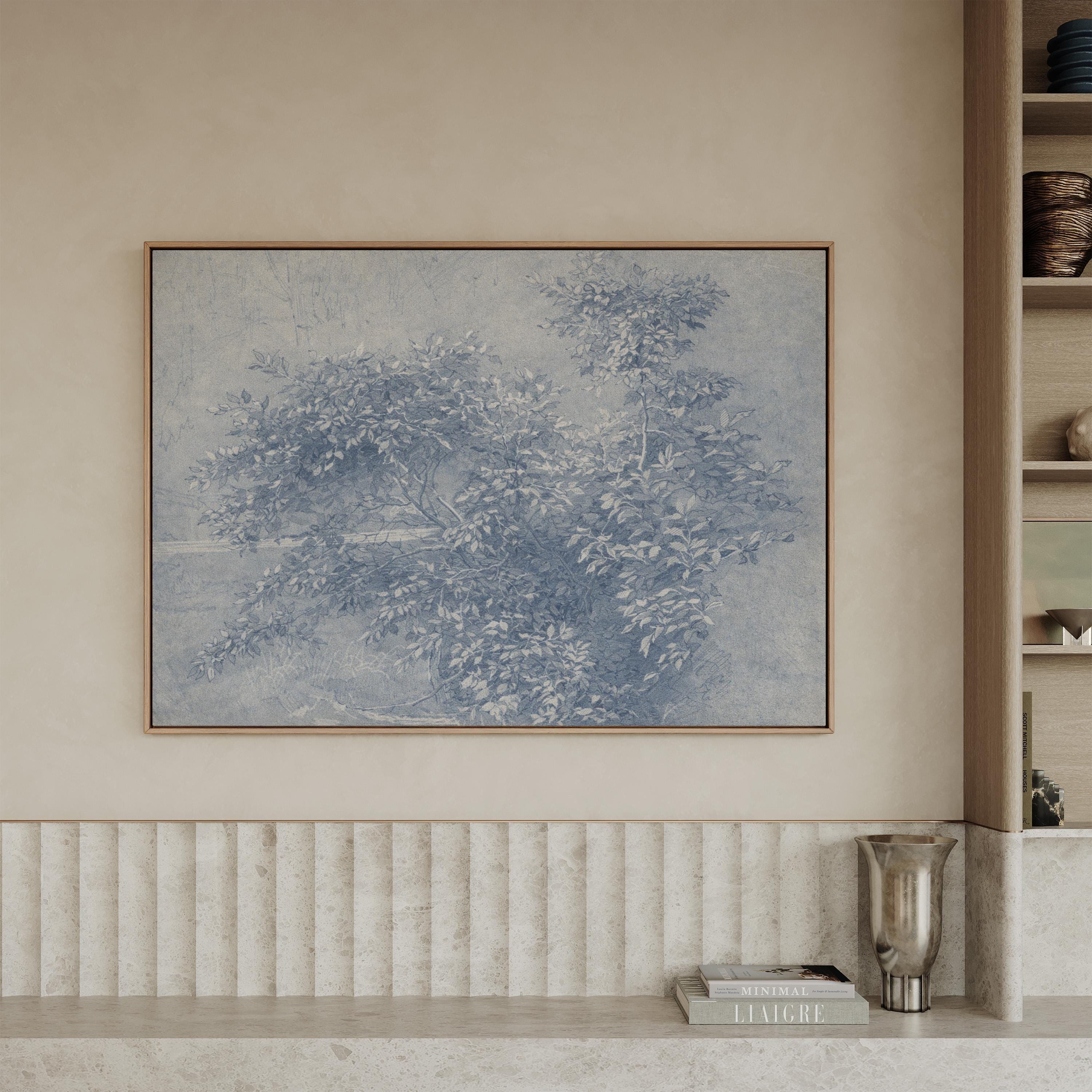 Antique Blue Botanical Wall Art Print – Vintage Ink Wash Leaves – French Country Cottage Decor – Blue Pastoral Landscape Art