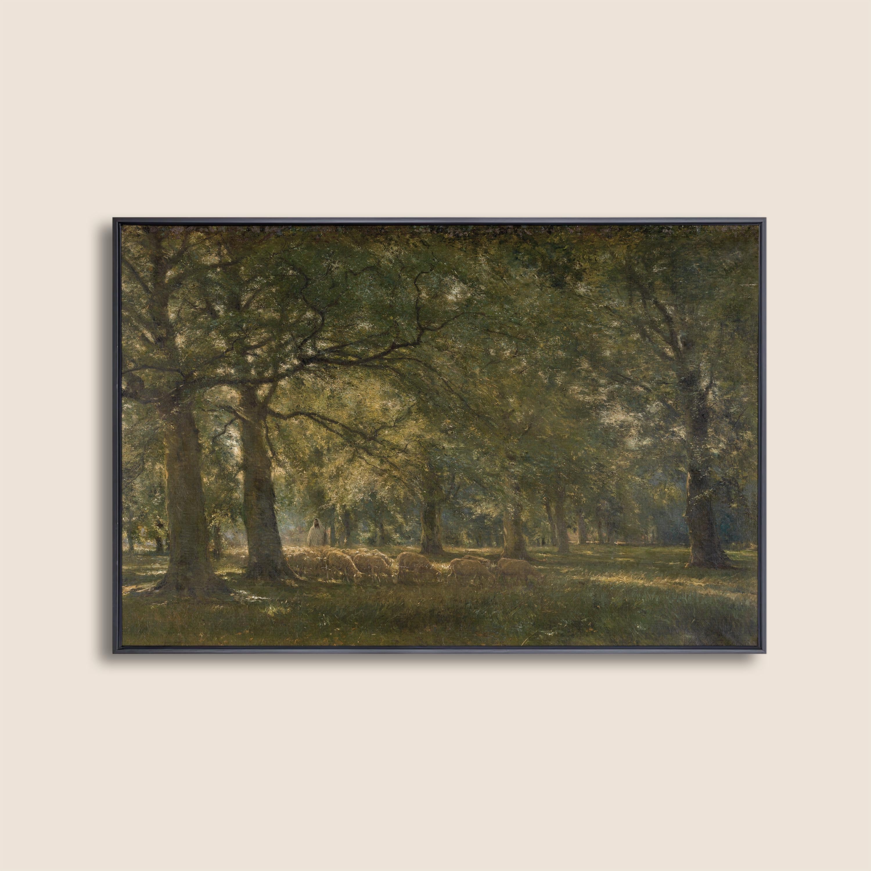 The Good Shepherd Meadow Landscape Print, Vintage Pastoral Wall Art with Sheep, Psalm 23 Inspired
