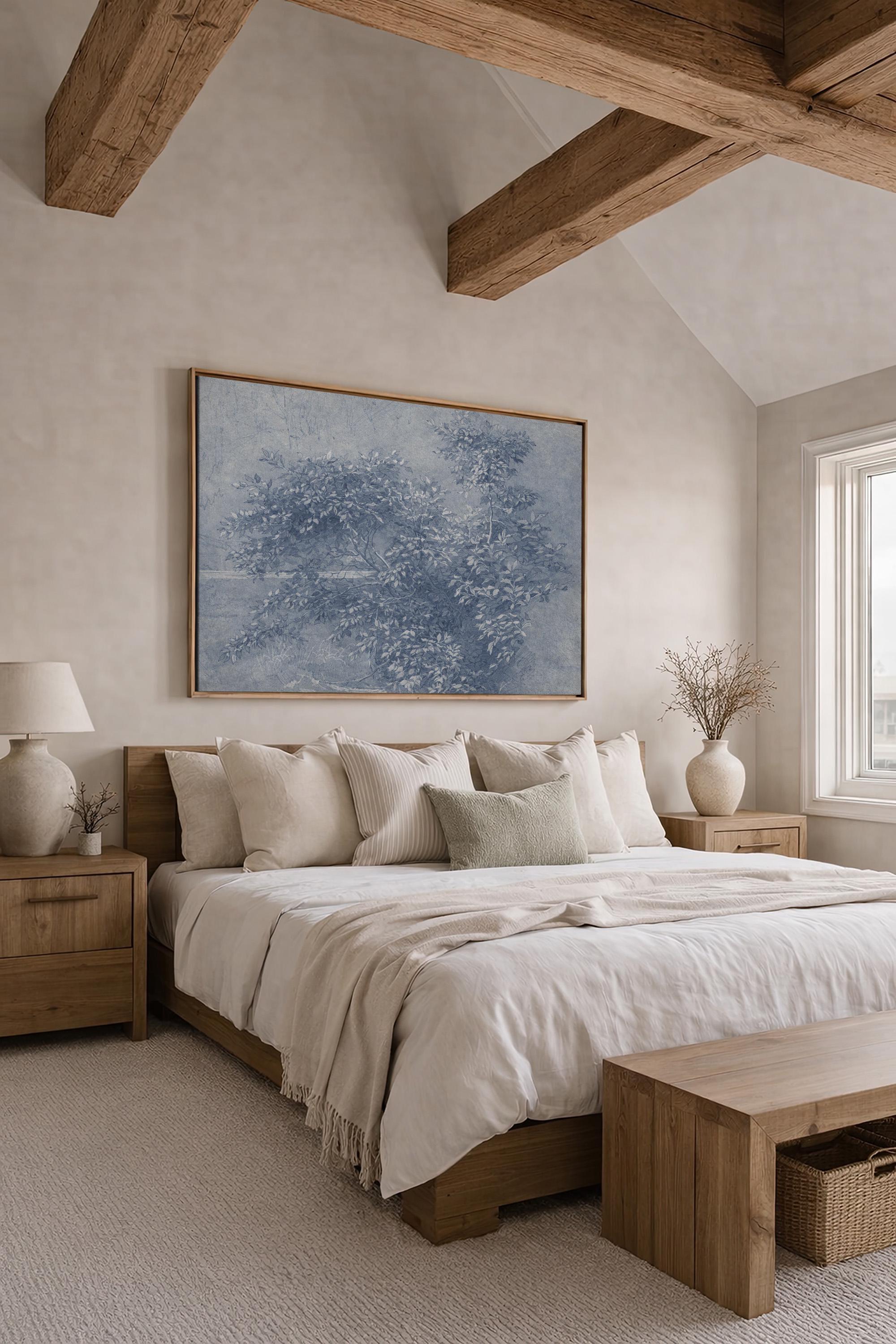 Antique Blue Botanical Wall Art Print – Vintage Ink Wash Leaves – French Country Cottage Decor – Blue Pastoral Landscape Art