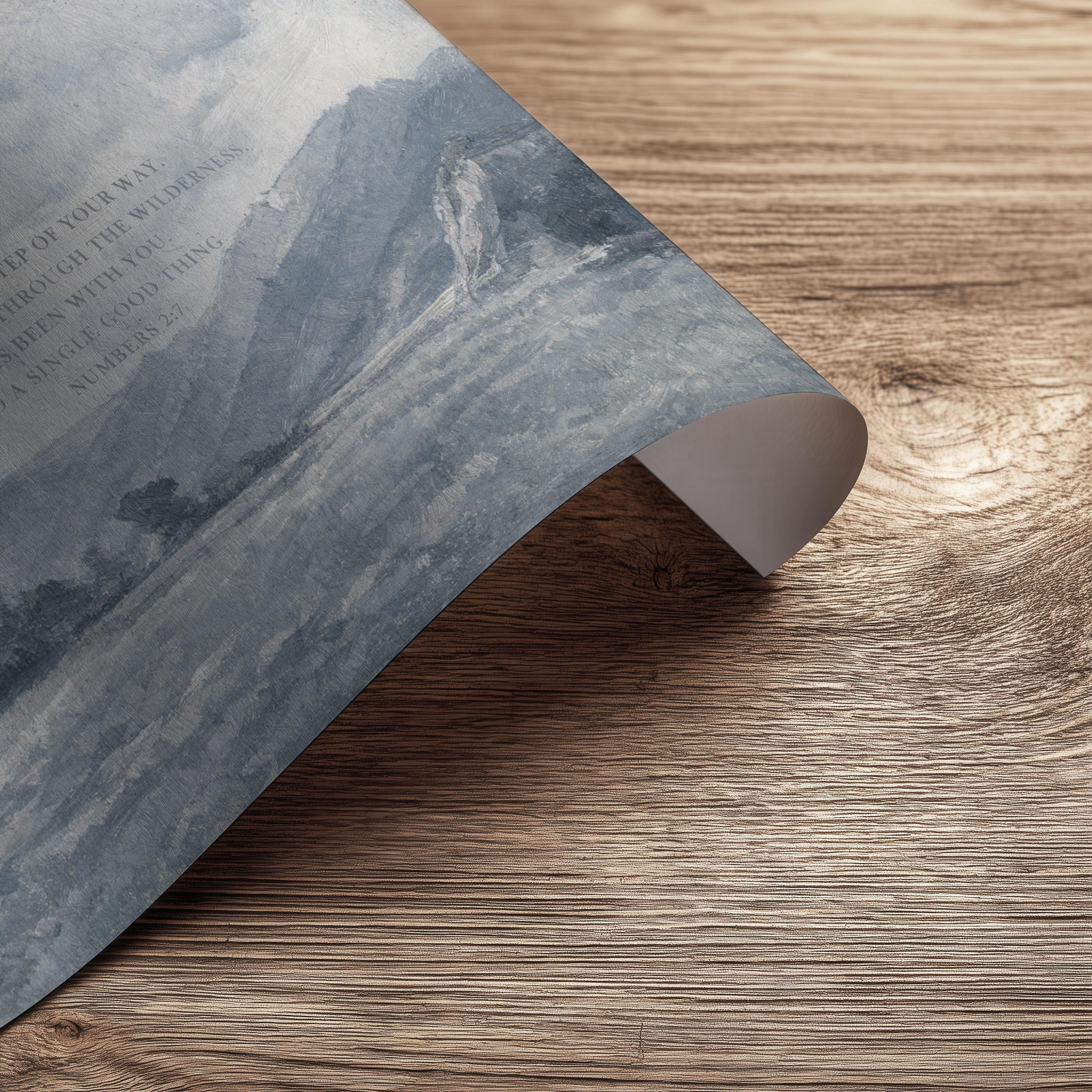 Numbers 2:7 Bible Verse Wall Art – The Lord Has Blessed Every Step – Vintage Blue Christian Landscape Print – Faith Home Decor