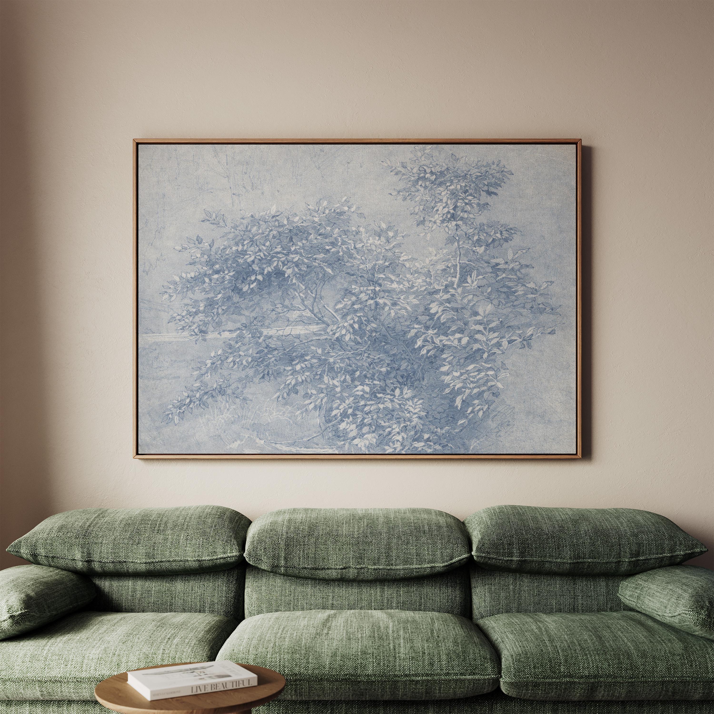 Antique Blue Botanical Wall Art Print – Vintage Ink Wash Leaves – French Country Cottage Decor – Blue Pastoral Landscape Art