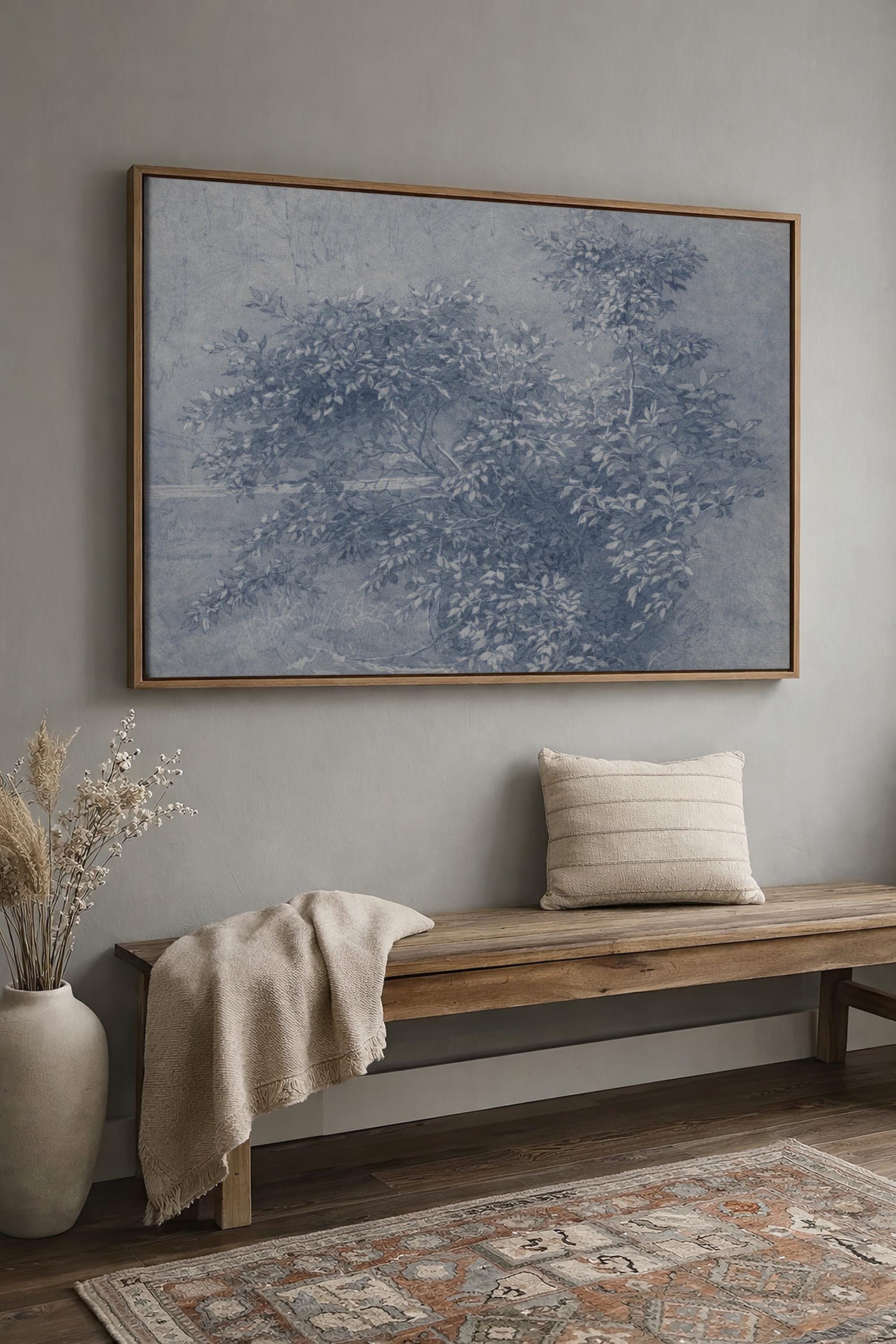 Antique Blue Botanical Wall Art Print – Vintage Ink Wash Leaves – French Country Cottage Decor – Blue Pastoral Landscape Art